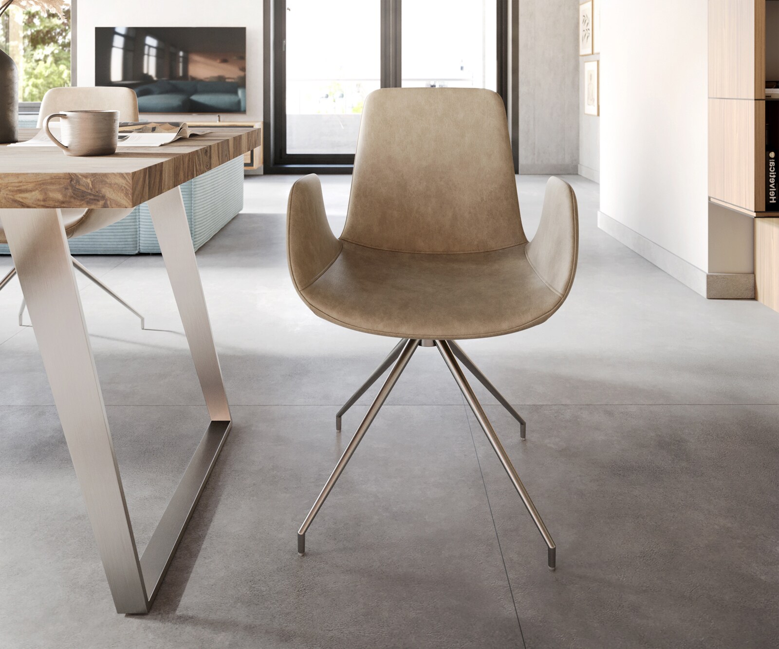 Eetkamerstoel Ilia-Flex met armleuning microvelours beige vintage kruisframe conisch roestvrij staal 1 Eetkamerstoel Ilia-Flex met armleuning microvelours beige vintage kruisframe conisch roestvrij staal 1