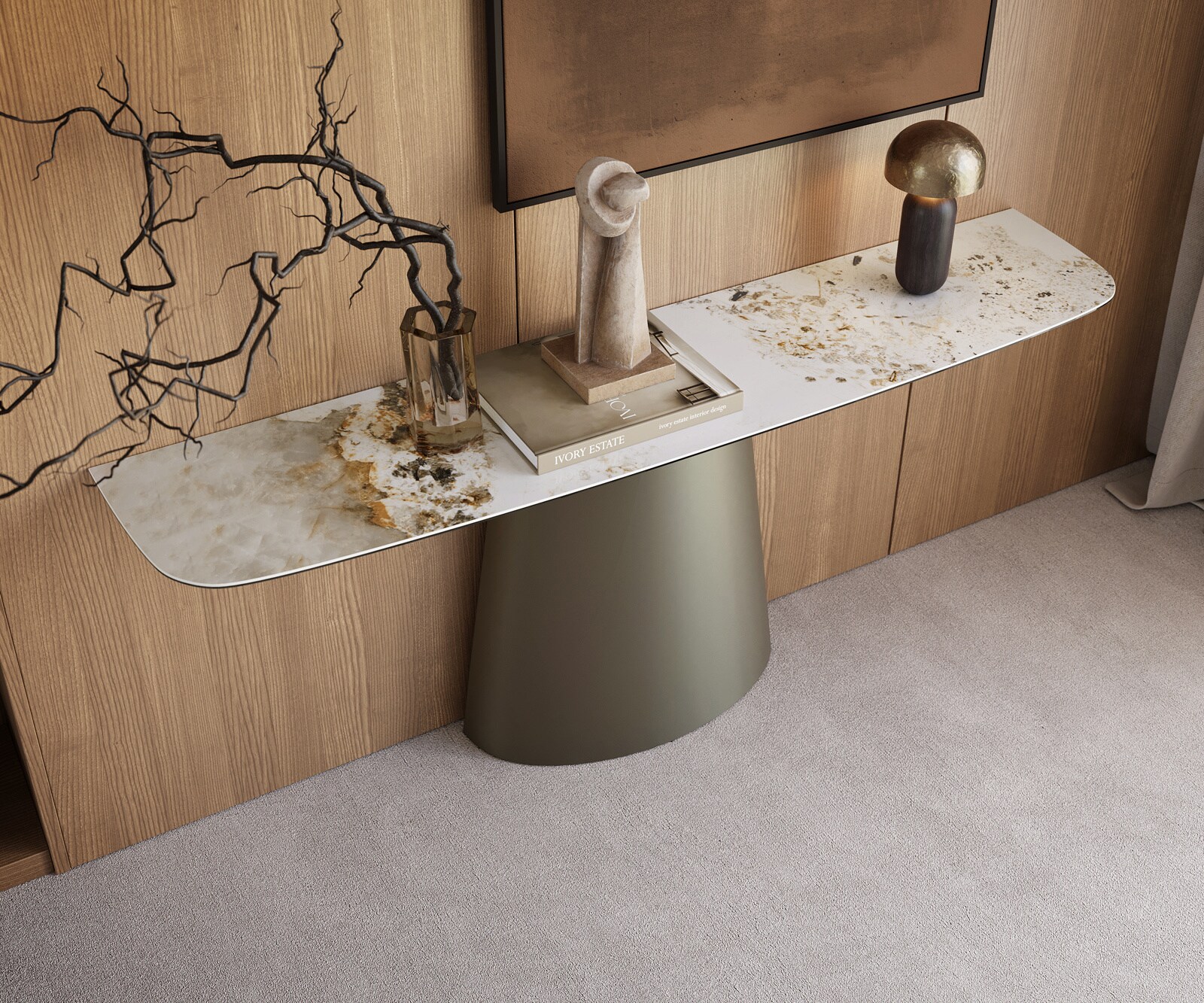 Consoletafel Edge Bootvorm 180x40 cm Keramiek Minas Melange Weiß-Beige Conos Metaal Effektfinish Titan 2