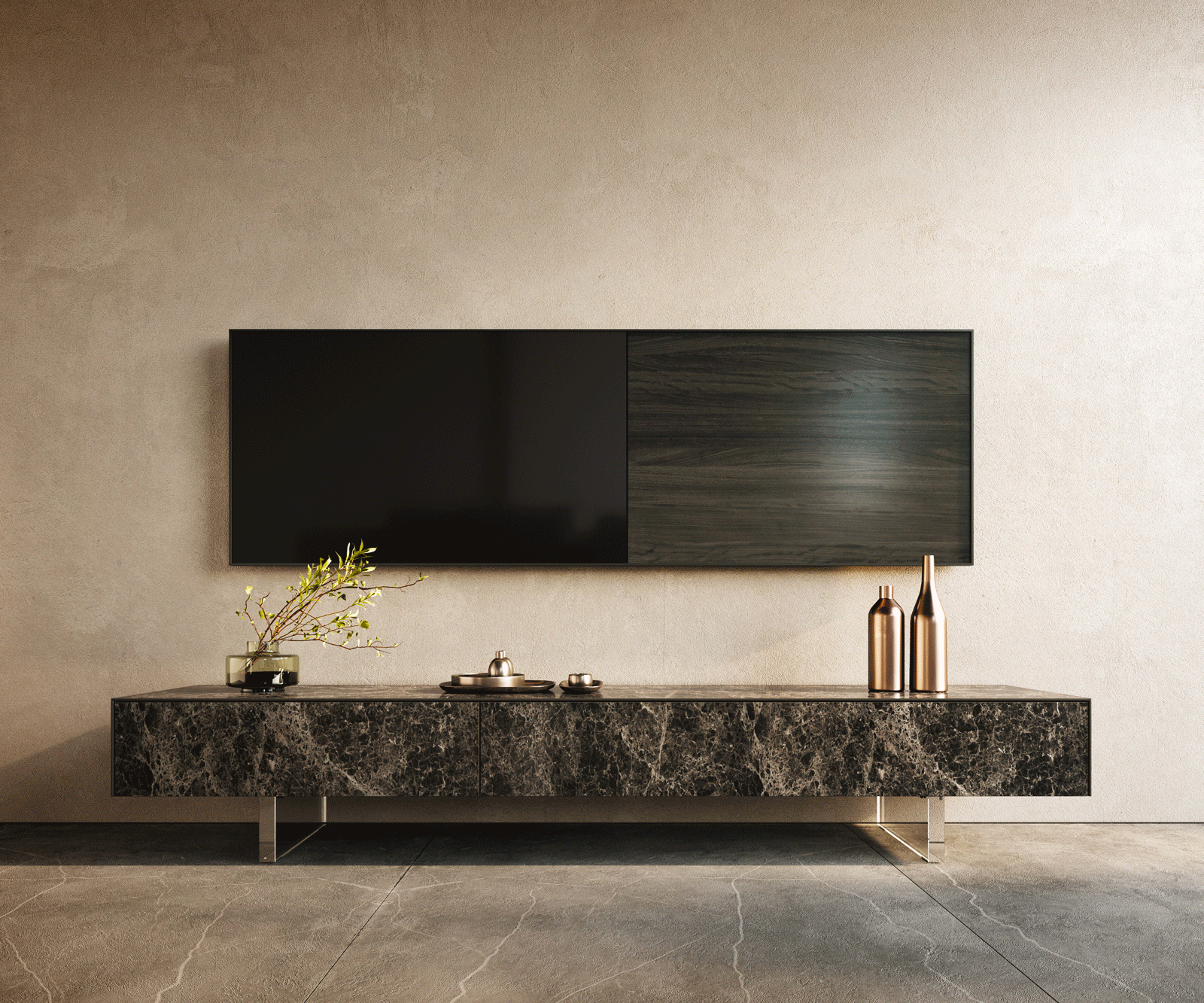 Tv-meubel Cuor 200 cm Keramiek Emperador Extra Lucidato Donkerbruin 1 Flap 1 Lade Zwevende voet look Acrylglas 1