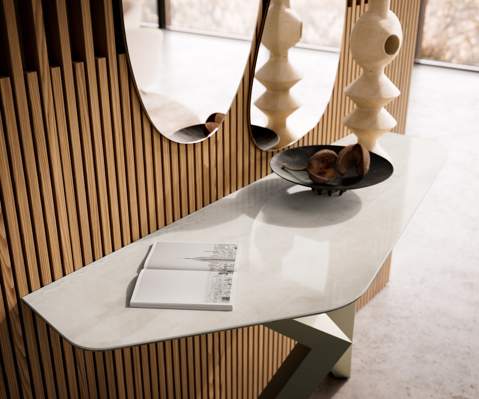 Consoletafel Edge Polygonaal 140x50 cm Keramiek Onyx Champagne Zentharo Metaal Effektfinish Titan 6