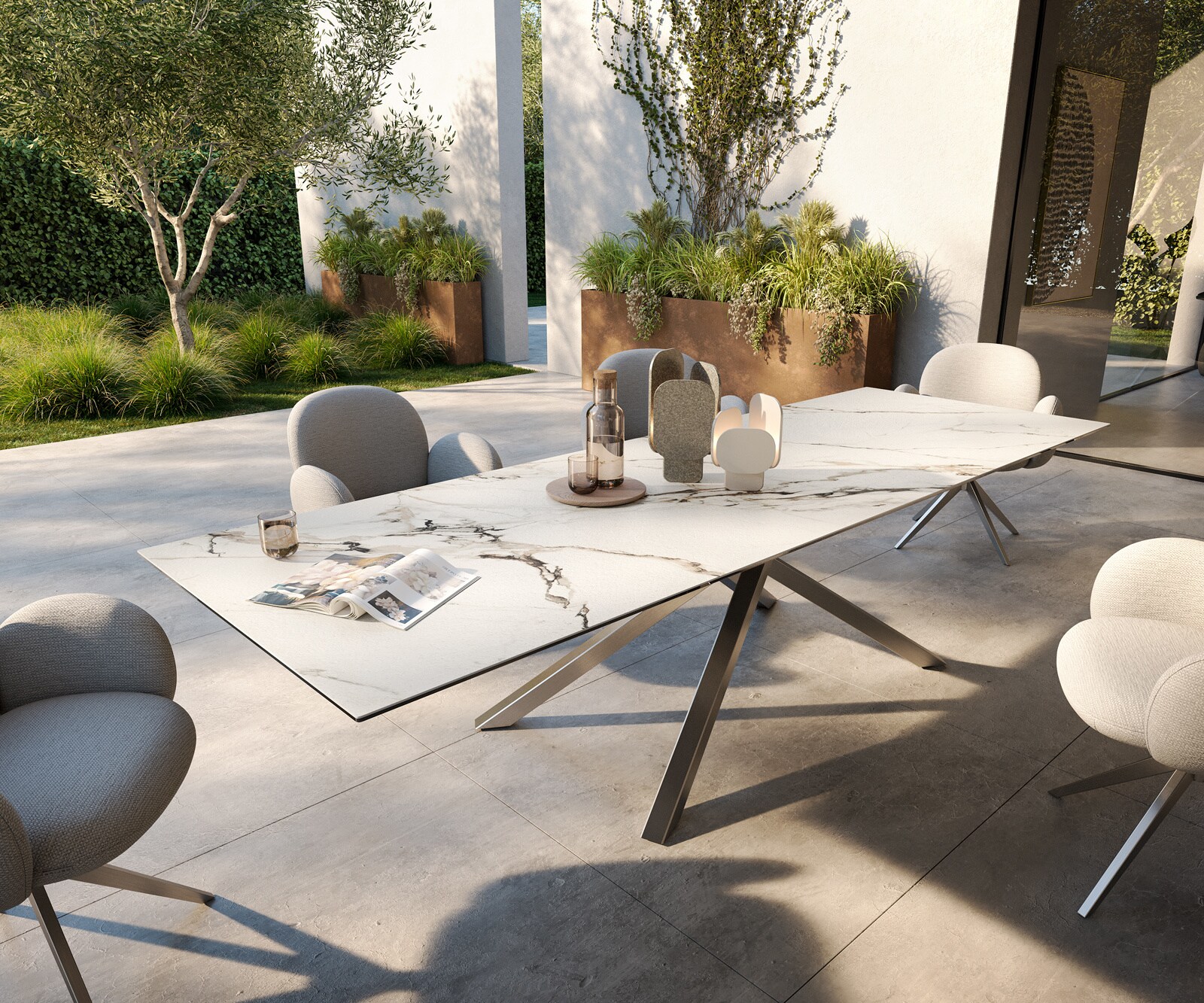 Outdoortafel Edge 300x100 cm keramiek Calacatta Luxe wit-goud-grijs kruispoot rechthoekig roestvrij staal
