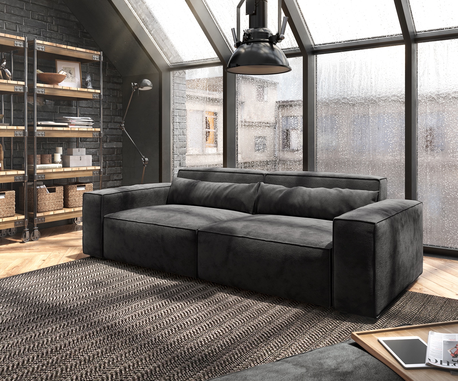 Grote bank Sirpio 230x90 cm microvezel zwart met kruk