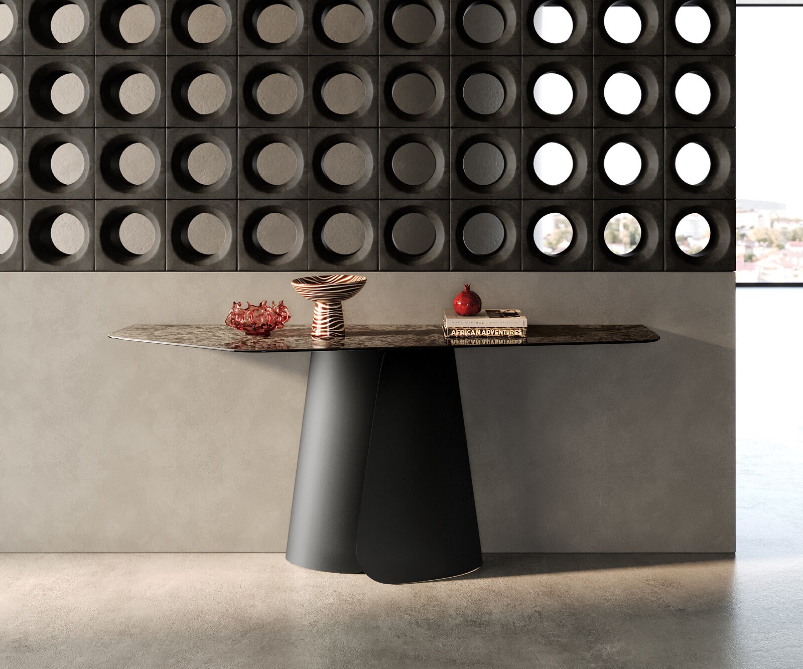 Consoletafel Edge Polygonaal 180x50 cm Keramiek Emperador Extra Lucidato Dunkelbraun Livos Metaal Zwart 4