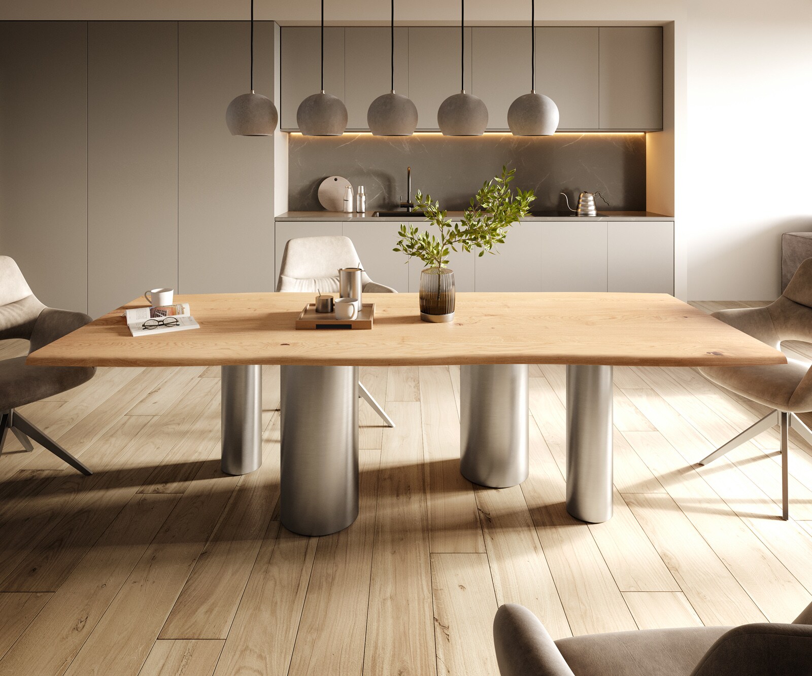 Eetkamertafel Edge 260x100x2,5-3 eiken natuurPilier roestvrij staal geborsteld Live-Edge 2