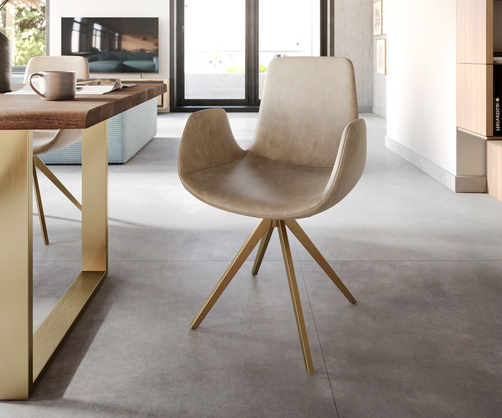 Draaistoel Ilia-Flex met armleuning microvelours beige vintage kruisframe hoekig goud 180° draaibaar
