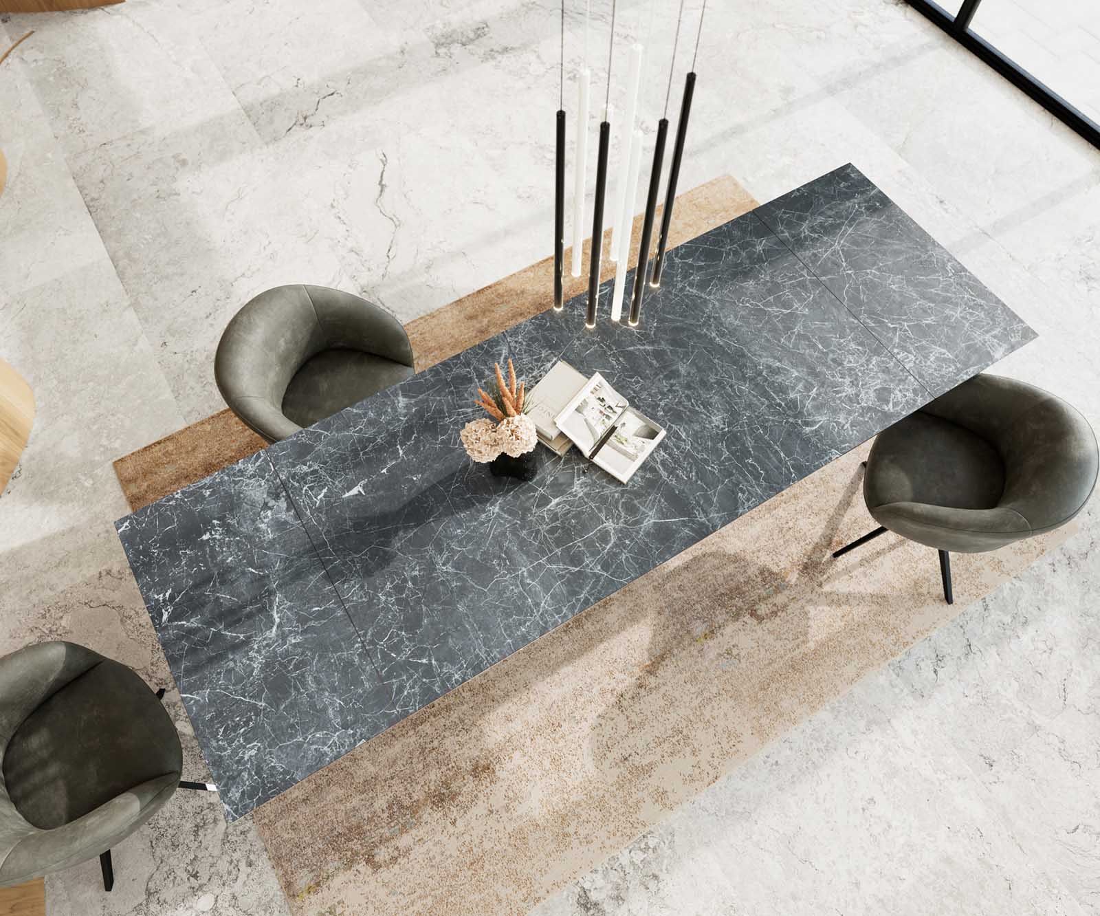 Eetkamertafel Edge 200-300x100 keramiek Laminam®Nero Greco grijs kruisframe rechthoek zwart uitschuifbaar 4