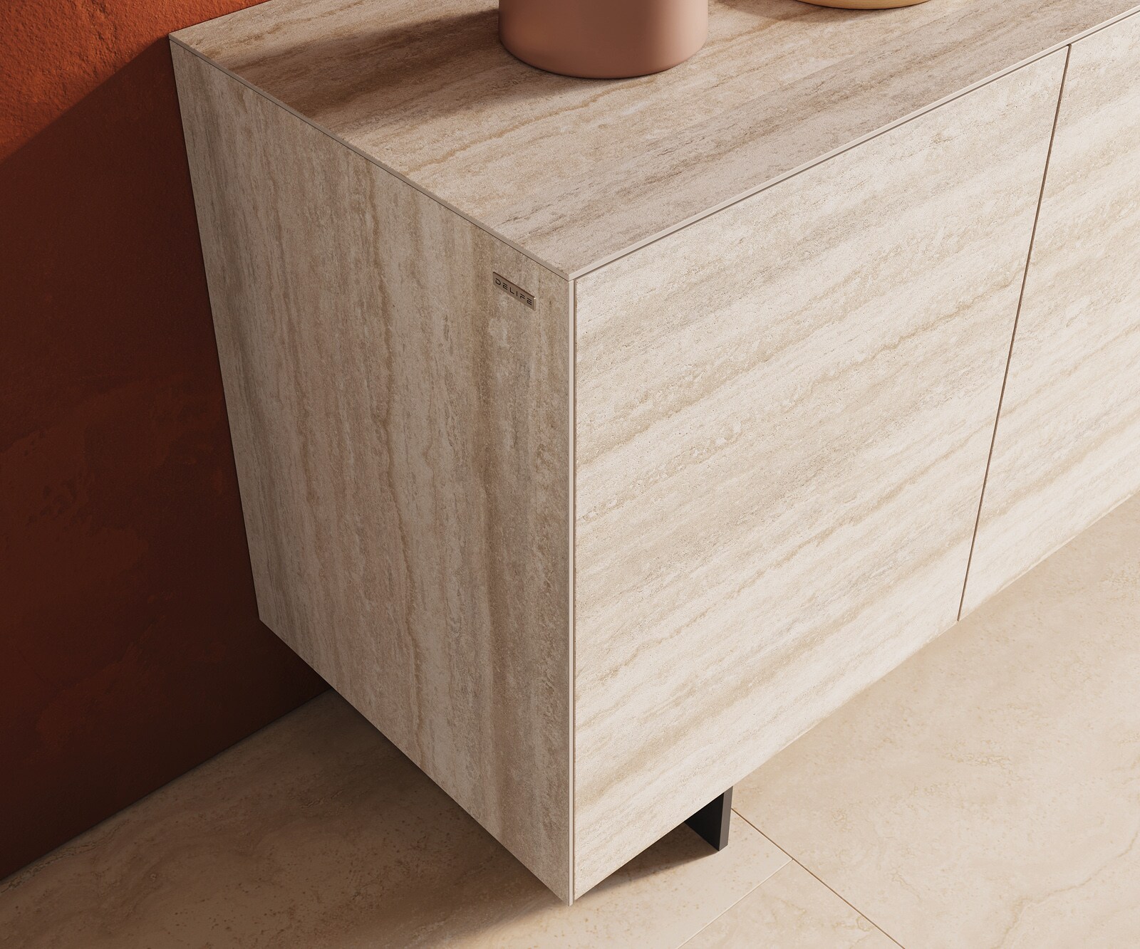 Dressoir Cuor 150 cm Keramiek Laminam® Travertino Bianco Crème-wit 3 Deuren Zwevende voet look Metaal Zwart 6