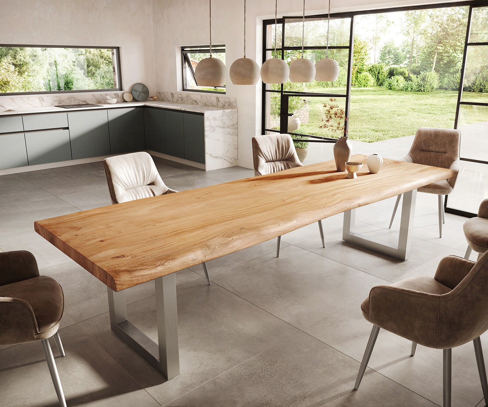 Eettafel Edge 300x100 XL acacia natuur roestvrijstaal breed Live-Edge