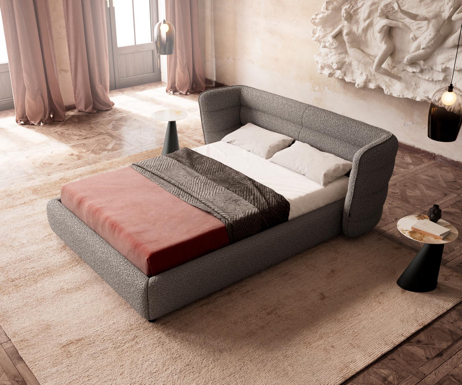 Simea 140x200 cm bouclé zilvergrijs gestoffeerd bedframe 3