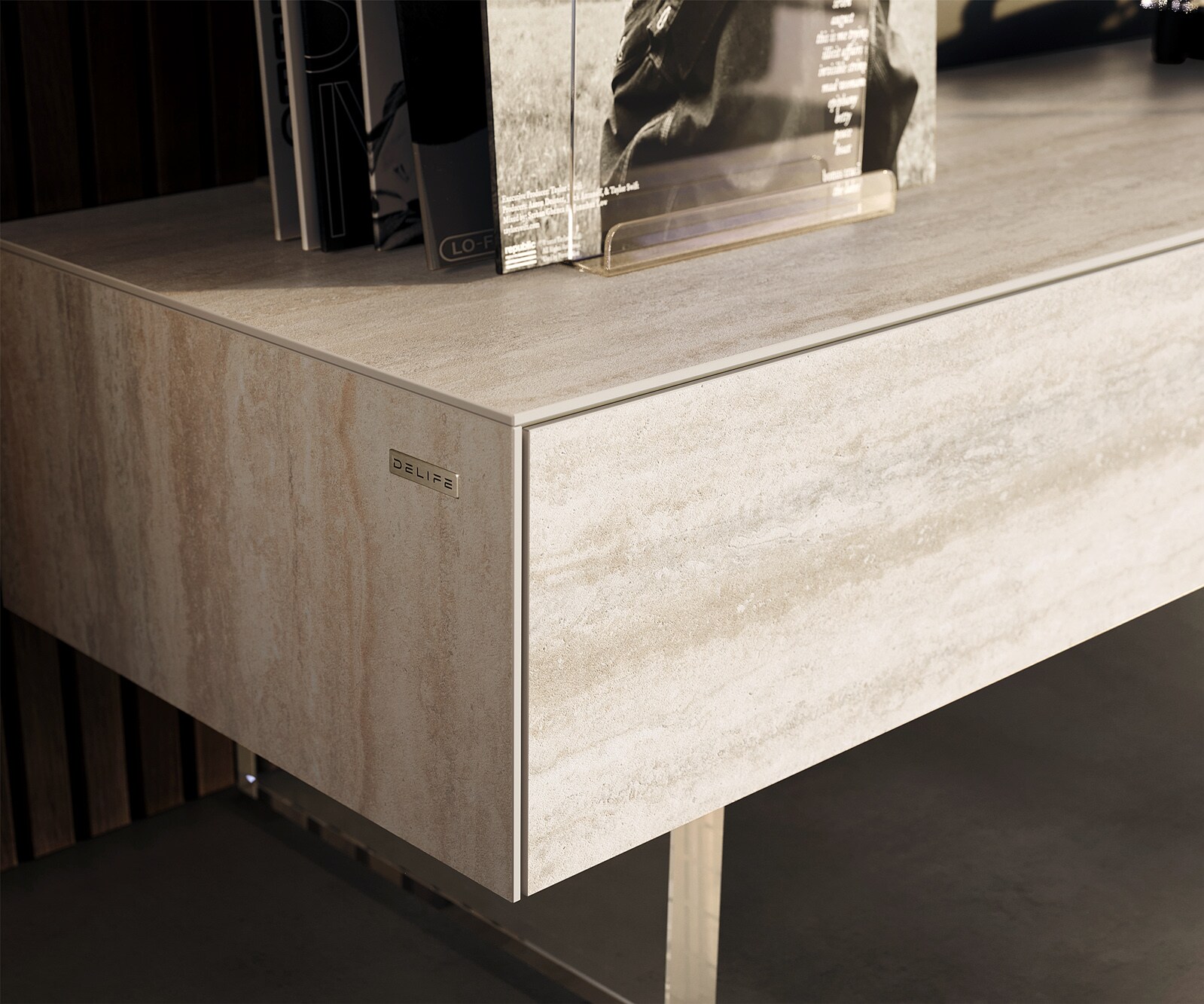 Tv-meubel Cuor 150 cm Keramiek Laminam® Travertino Bianco Crème-wit 1 Flap 1 Lade Zwevende voet look Acrylglas 5