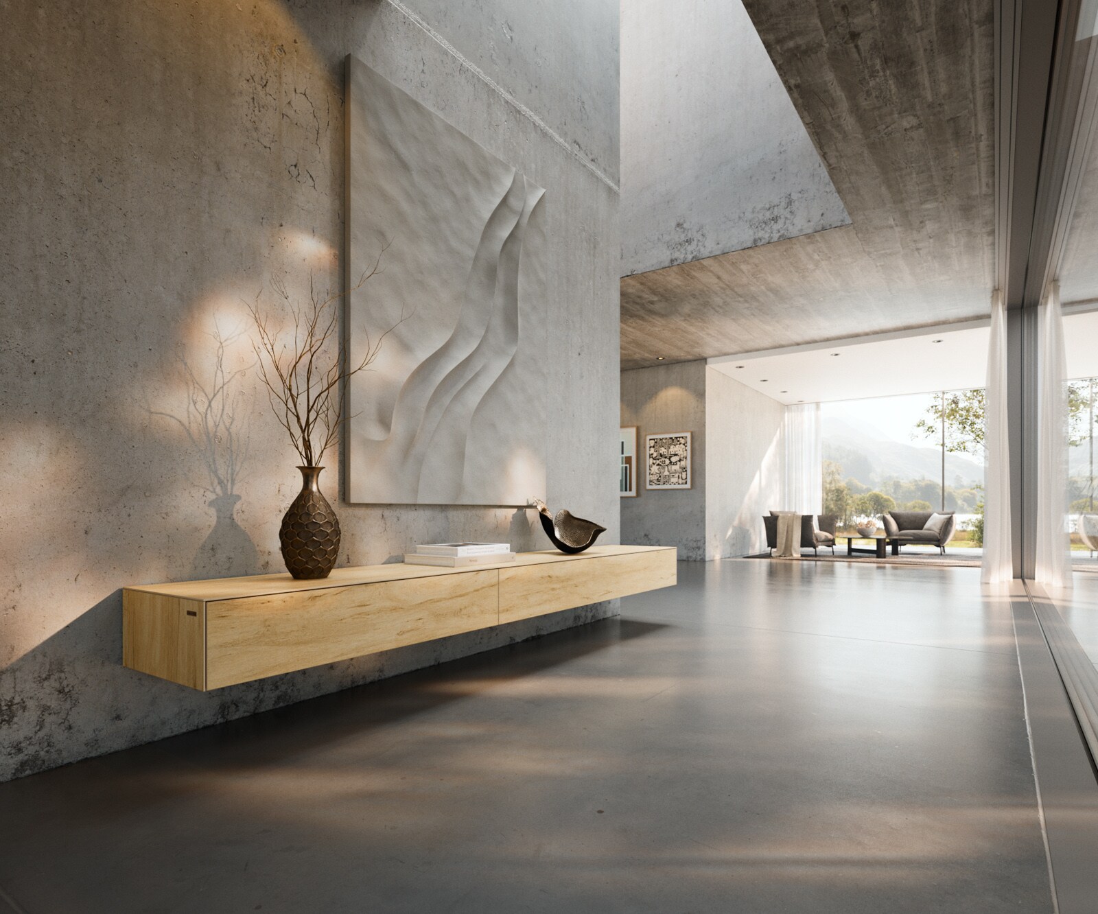 Tv-meubel Cuor 250 cm Keramiek Laminam® Sabbia Eiken gekleurd 1 Flap 1 Lade Zwevend 1