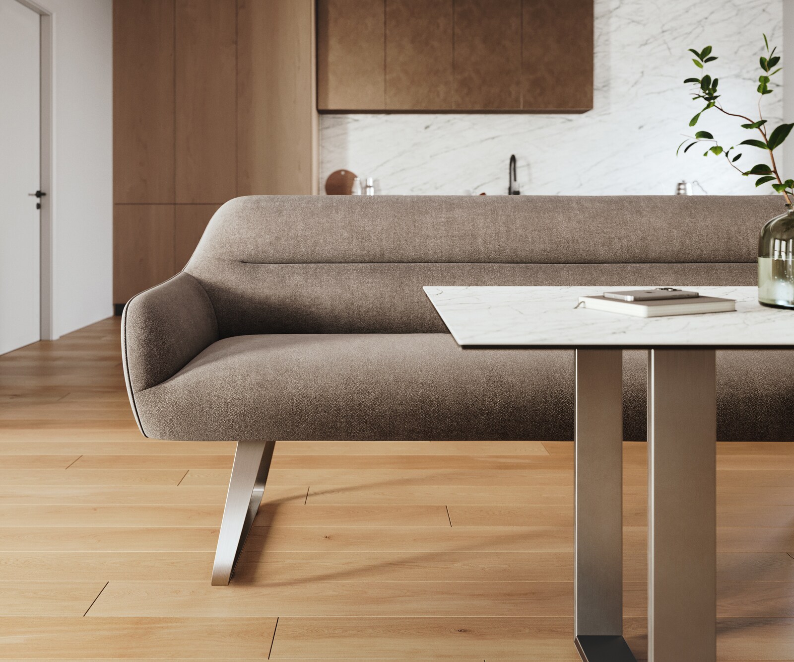 Eetkamerbank Taya-Flex 200 cm zachte stof met structuur taupe platte sledebasis roestvrij staal pocketvering 2