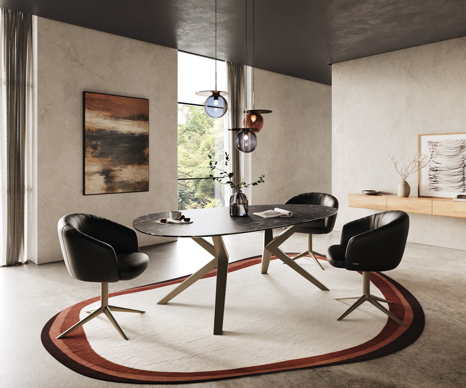 Eetkamertafel Edge ovaal 220x120 Laminam® keramiek Nero Greco Anthrazit Zenthara hoekig metaal effectafwerking titaan 5