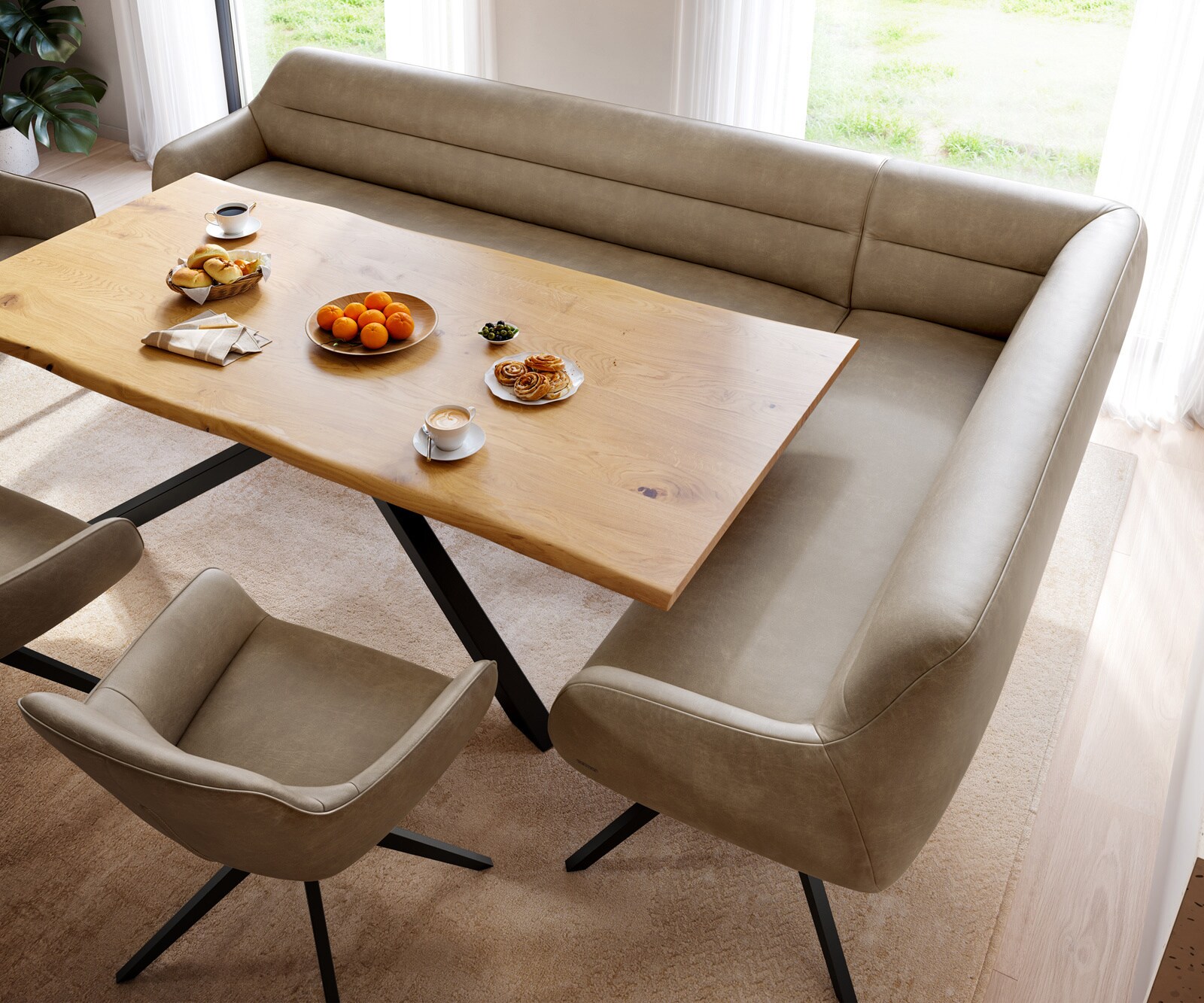 Eetkamerbank Taya-Flex 285x190 cm microvelours beige vintage hoekig kruisframe zwart pocketvering links 4