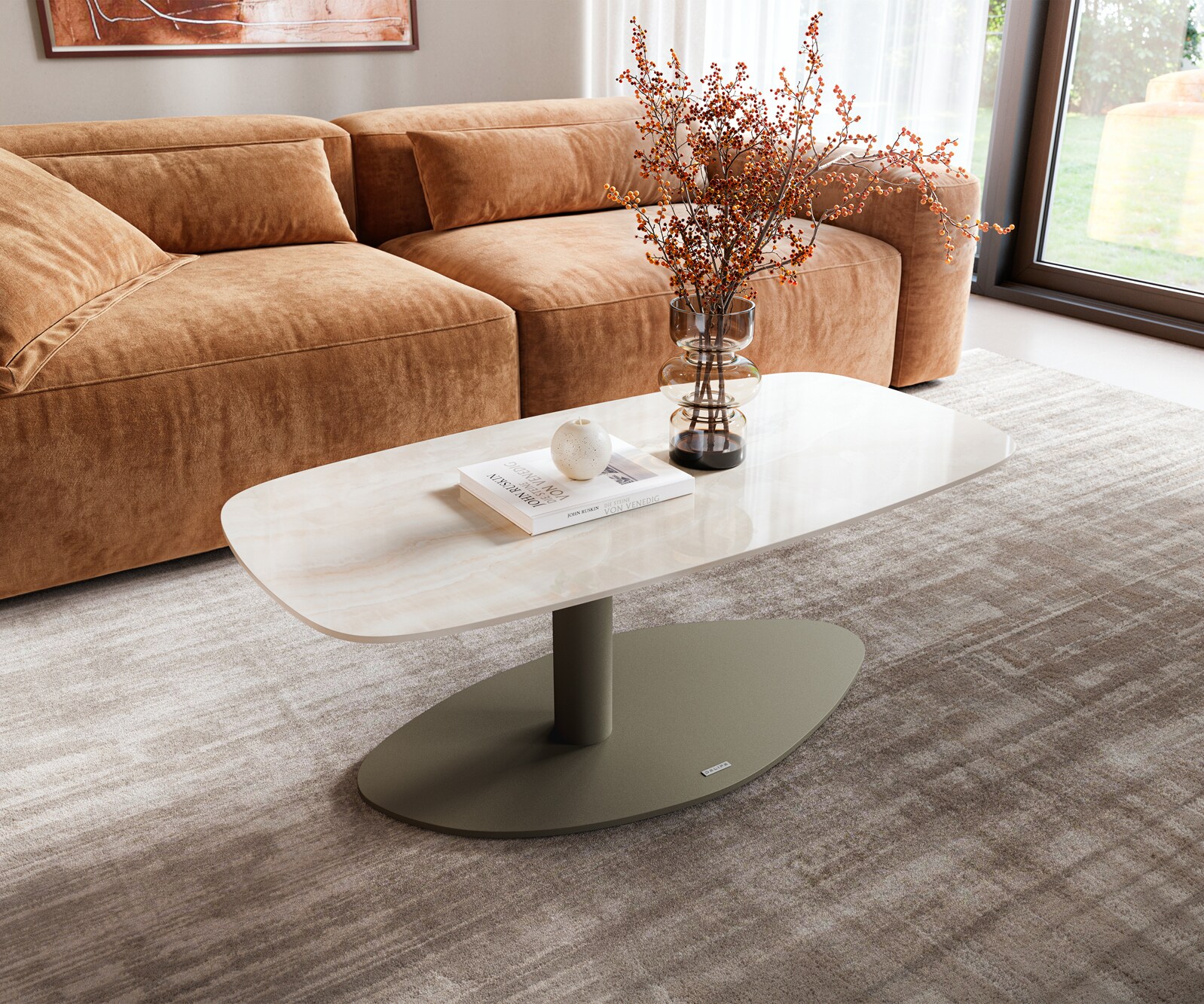 Salontafel Edge bootvormig 100x50 cm keramiek Onyx Champagne Vibany metaal effectafwerking titaan