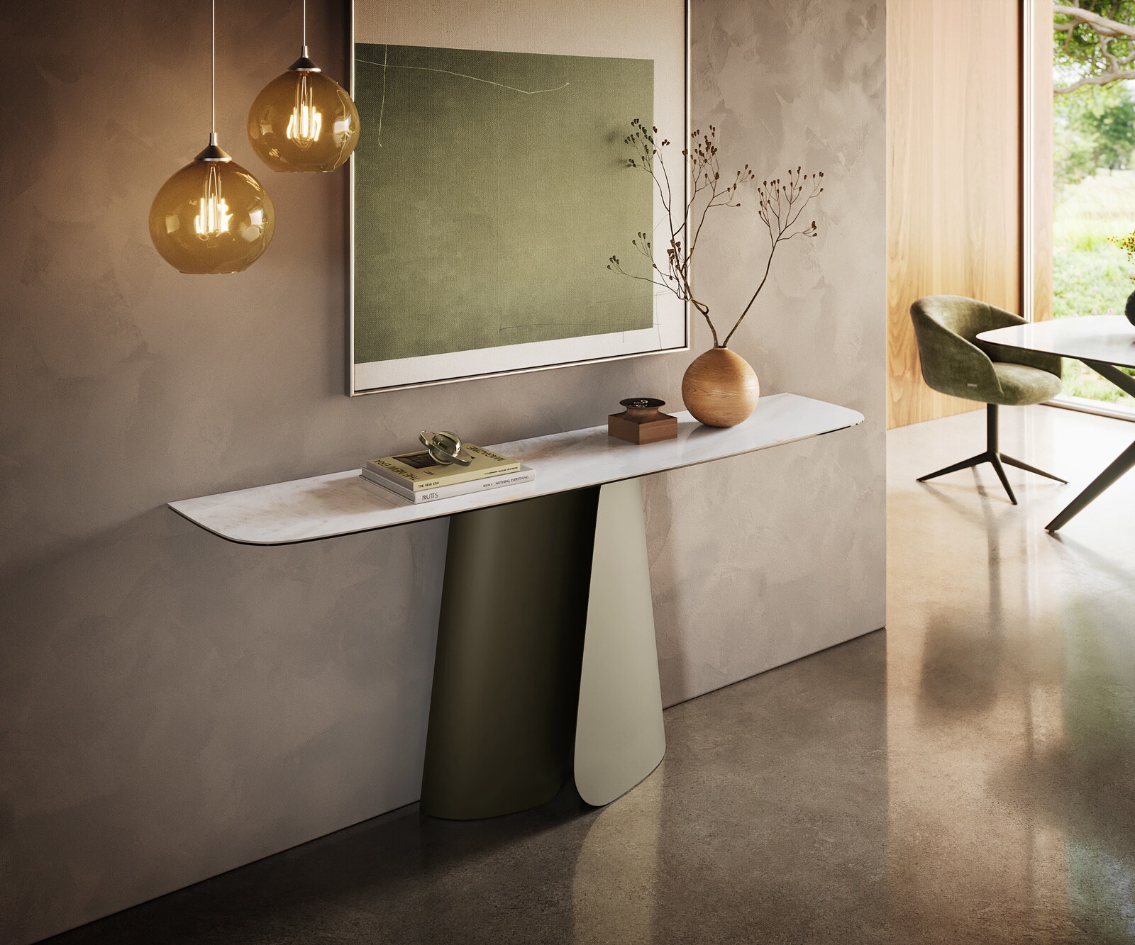 Consoletafel Edge Bootvorm 180x40 cm Keramiek Onyx Pearl Livos Metaal Effektfinish Titan 4