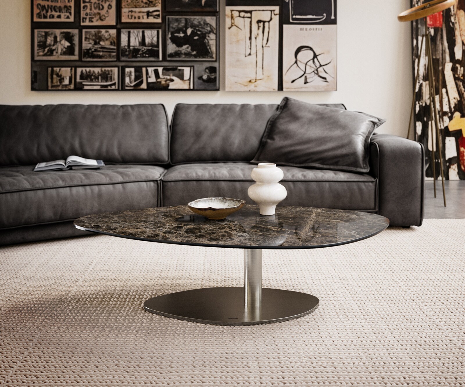 Salontafel Edge Organisch 140x76 cm keramiek Laminam® Emperador Extra Lucidato donkerbruin Vibany geborsteld roestvrij staal 1