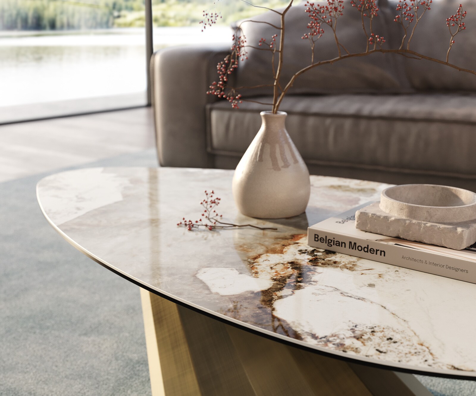 Salontafel Edge Organisch 140x76 cm keramiek Minas Melange Parabi metallic goud 6