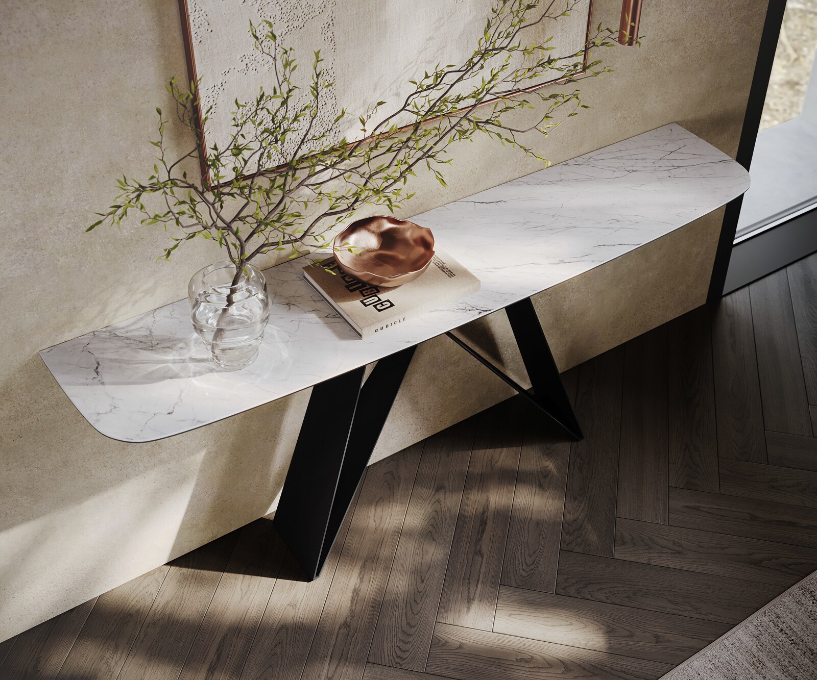 Consoletafel Edge Bootvorm 180x40 cm Keramiek Laminam® Statuarietto Weiß Velio Metaal Zwart 2