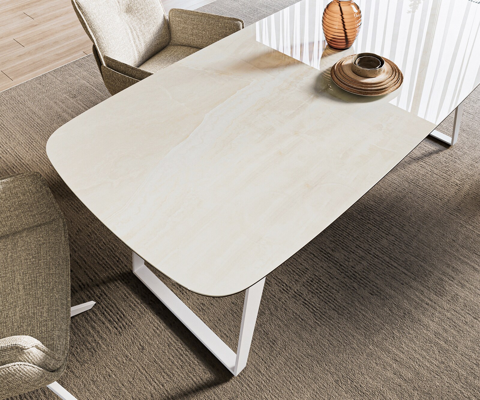 Eettafel Edge boot 200x100 cm keramiek Onyx Champagne schuin onderstel metaal wit 4