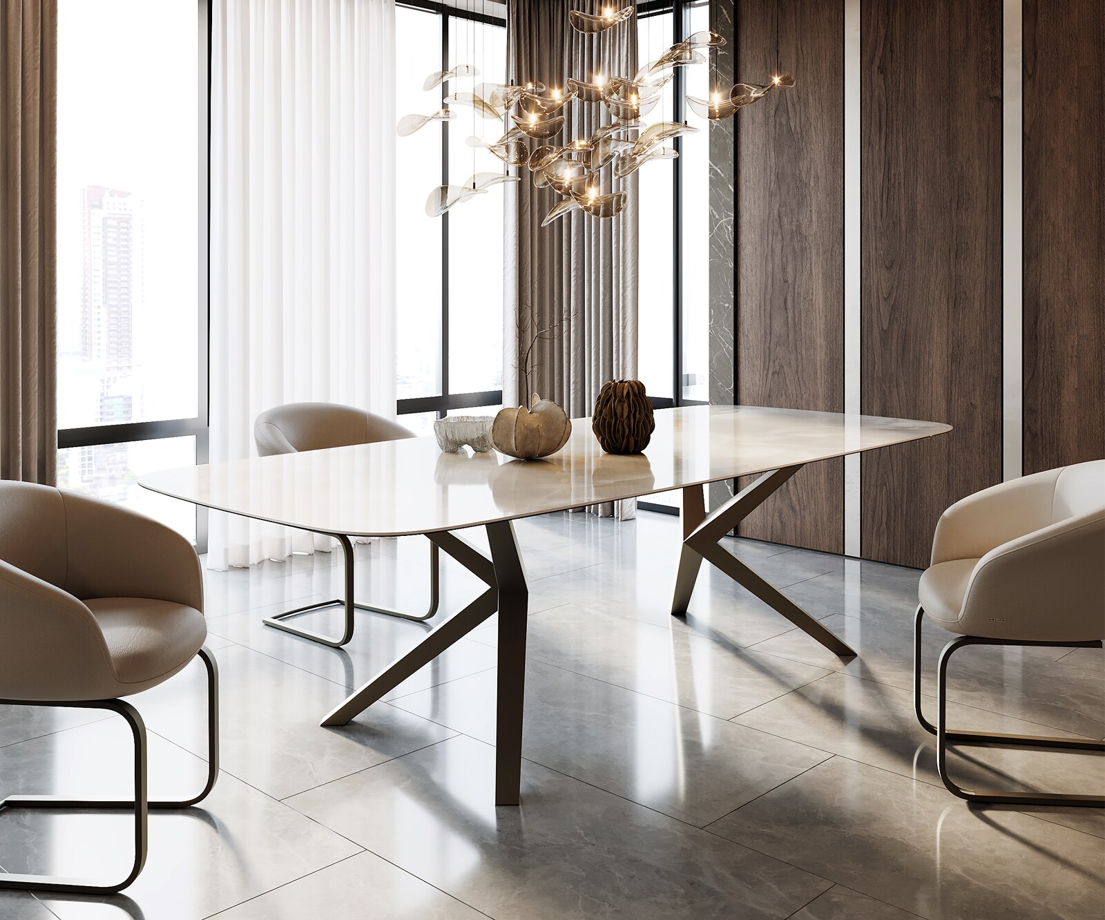 Eettafel Edge Boot 270x120 Keramiek Iris FMG Onice Grigio Zenthara hoekig metaal effect afwerking titanium