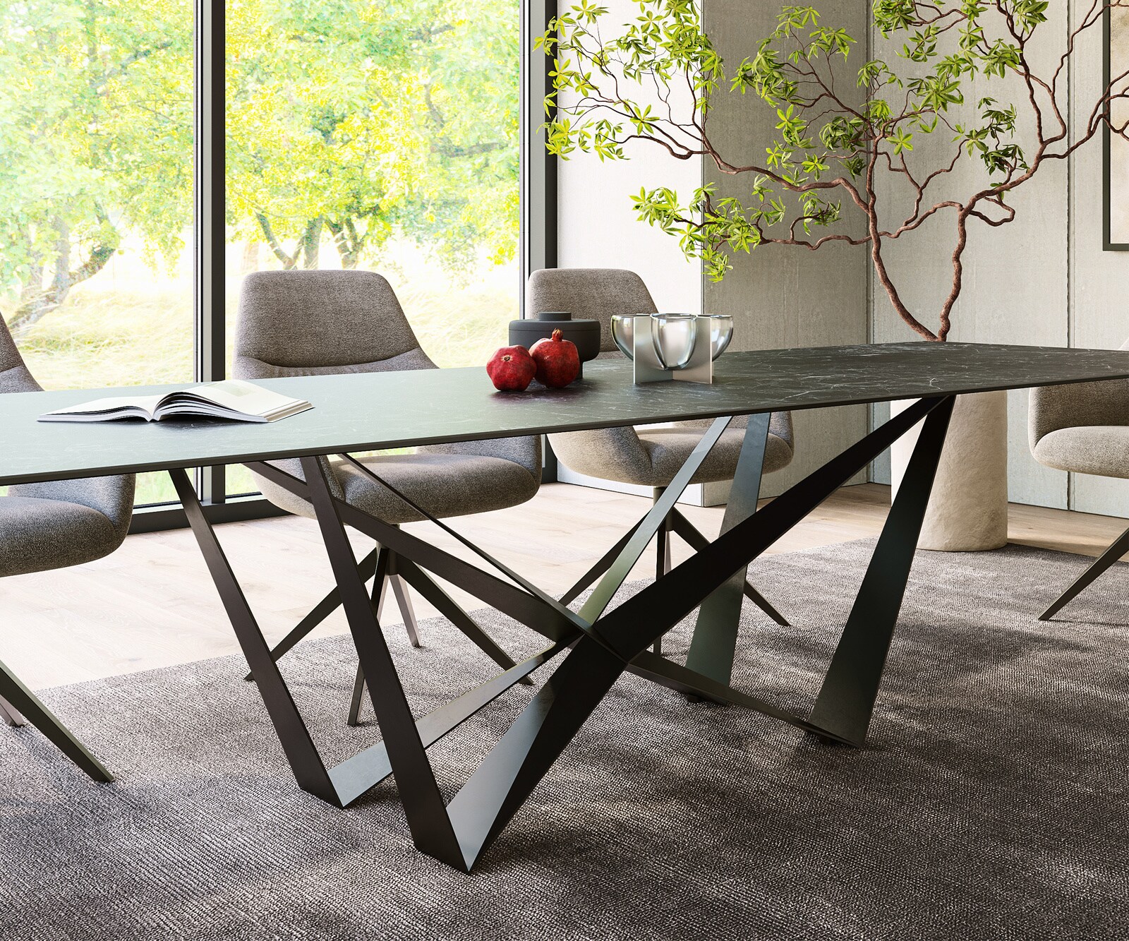 Eettafel Edge 300x100cm Laminam® keramiek grijs middenpoot vlak staal zwart 6