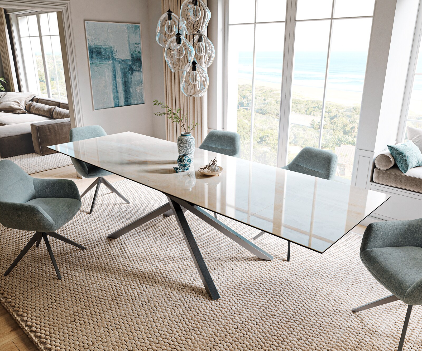 Eettafel Edge 200-300x100 cm keramiek Onyx Champagne kruisframe rechthoek roestvrij staal grafiet uittrekbaar 1