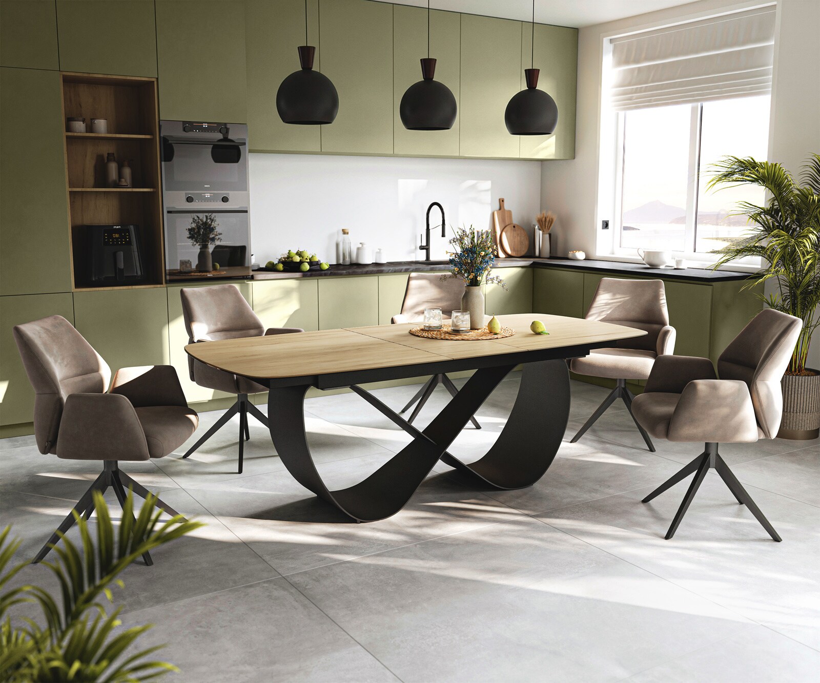 Eettafel Edge Boot 180-220x100 cm Keramiek Laminam® Sabbia Eichefarbig Infinity Metaal Zwart uitschuifbaar 6