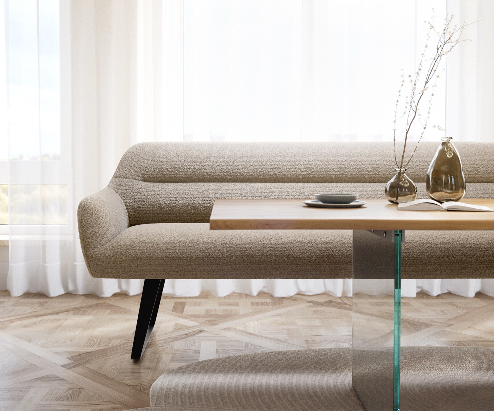 Eetkamerbank Taya-Flex 200 cm bouclé mud platte sledebasis zwart pocketvering 2