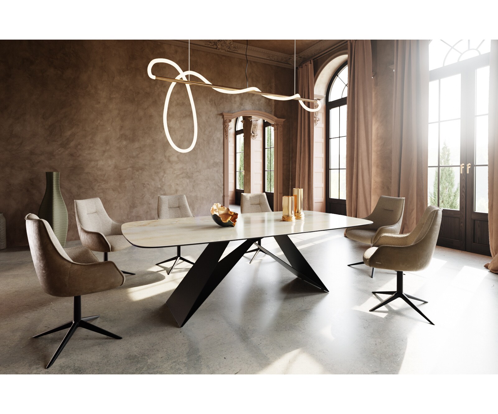Eettafel Edge Oval 240x120 keramiek Iris FMG Onice Oro V-frame plat staal zwart 4