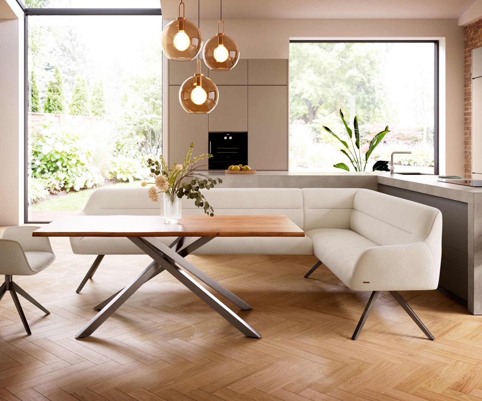 Eetkamerbank Taya-Flex 285x190 cm bouclé crème-wit hoekig kruisframe grafiet pocketvering links 2