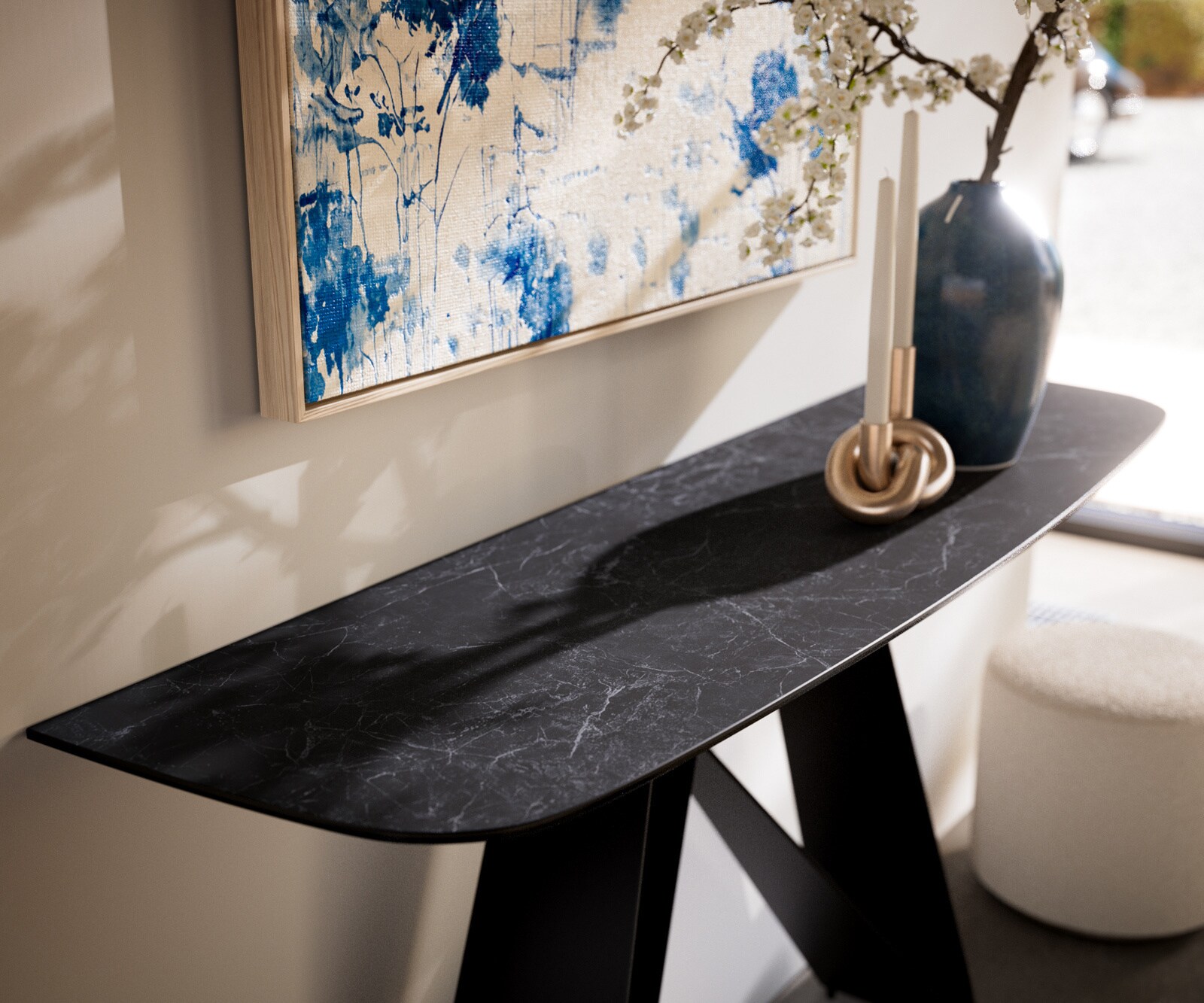 Consoletafel Edge Bootvorm 140x40 cm Keramiek Laminam® Nero Greco Anthrazit Velio Metaal Zwart 2
