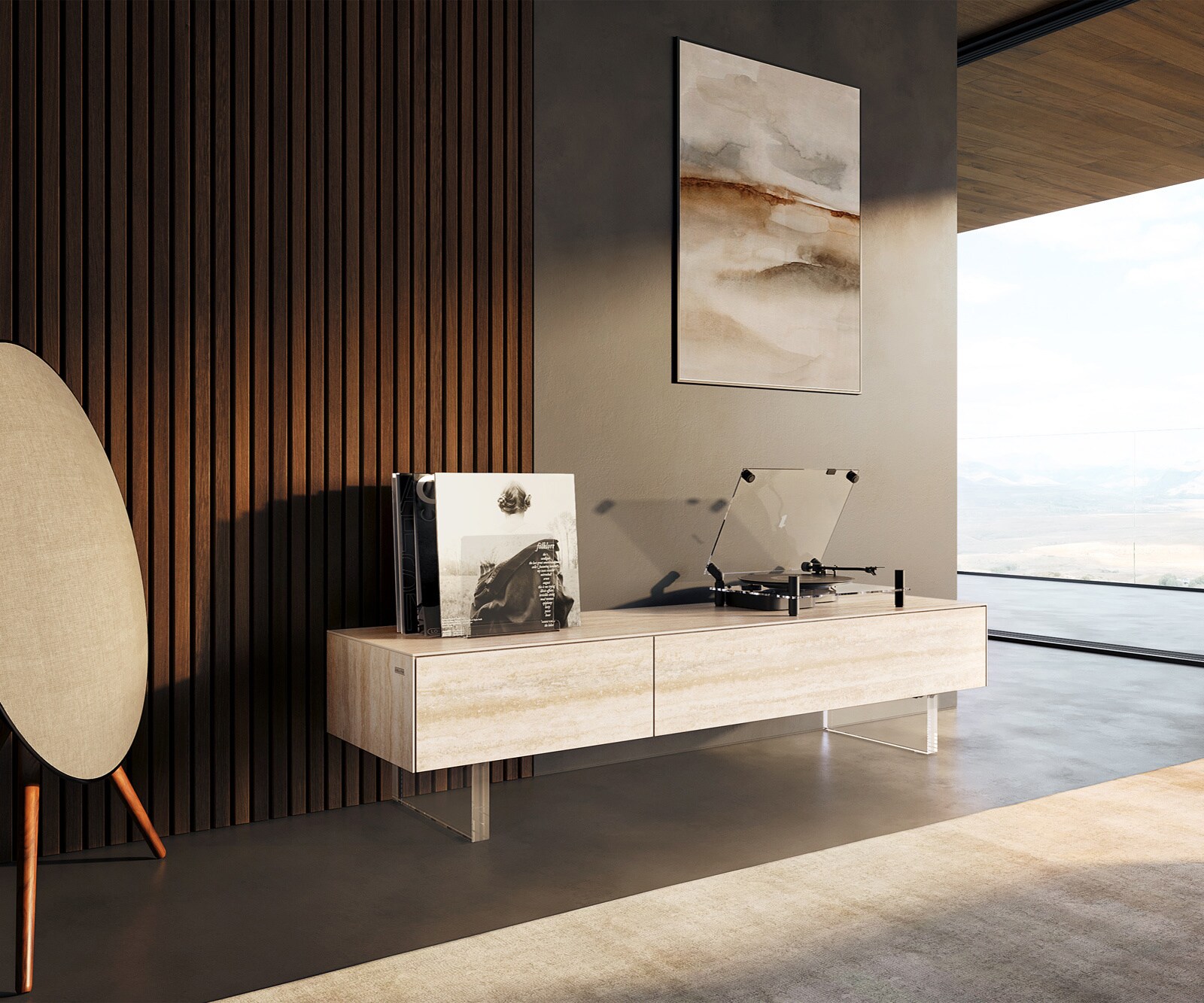 Tv-meubel Cuor 150 cm Keramiek Laminam® Travertino Bianco Crème-wit 1 Flap 1 Lade Zwevende voet look Acrylglas