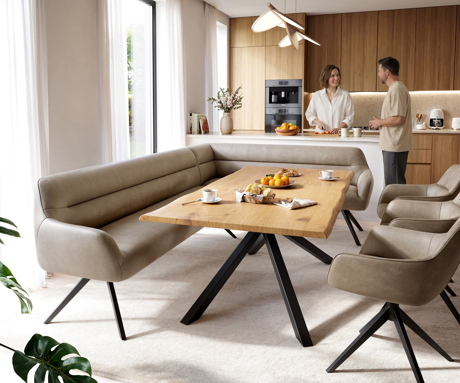 Eetkamerbank Taya-Flex 285x190 cm microvelours beige vintage hoekig kruisframe zwart pocketvering links 1