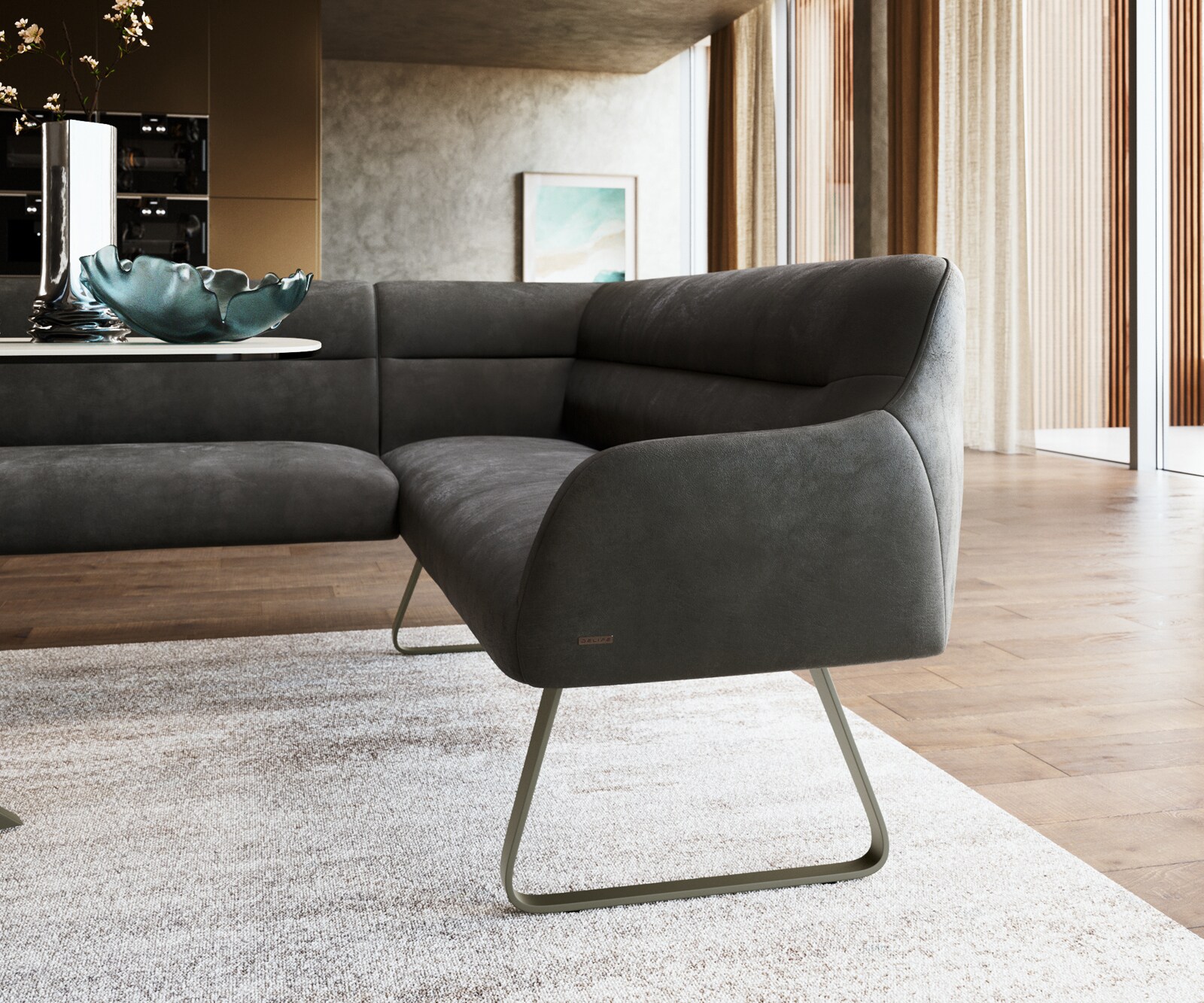 Eetkamerbank Taya-Flex 285x190 cm microvelours anthraciet vintage platte sledebasis afwerking met titaniumeffect pocketvering links 5