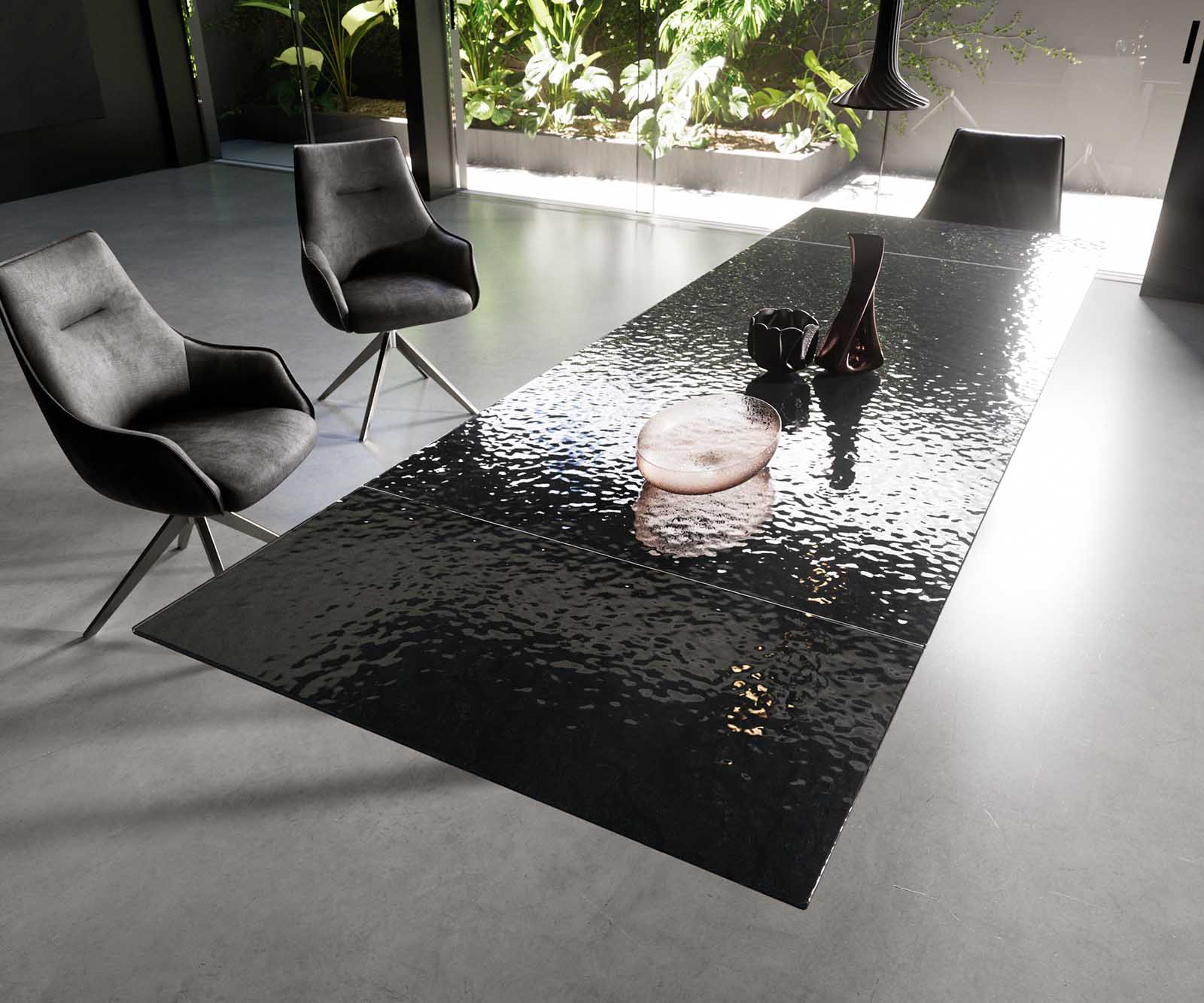Eetkamertafel Edge 200-300x100 Glas smelten rokerig zwart 3D-Relief spider vlak staal zwart uitschuifbaar 6