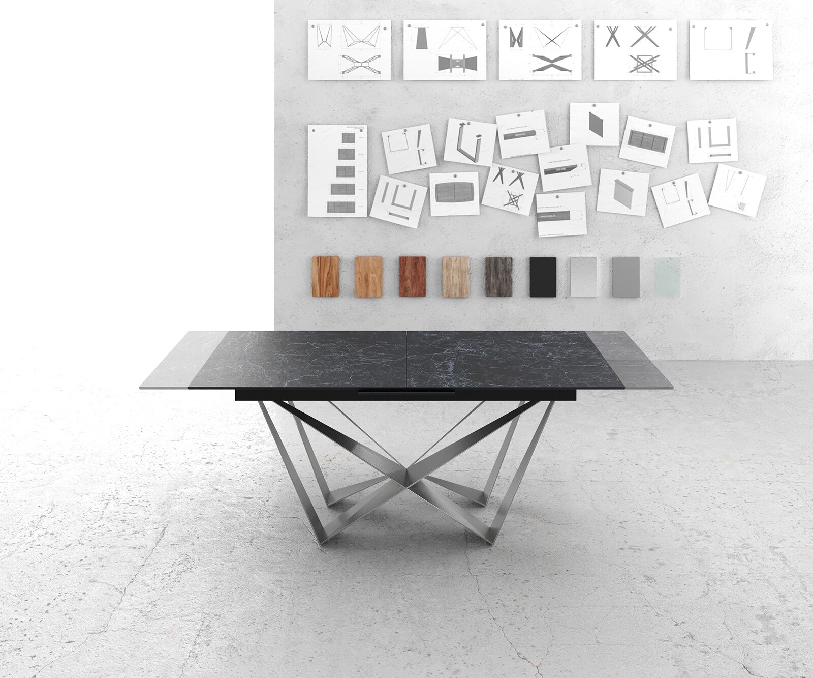 Eettafel Edge 180-220x90cm Laminam® keramiek grijs middenpoot vlak staal zilver 5