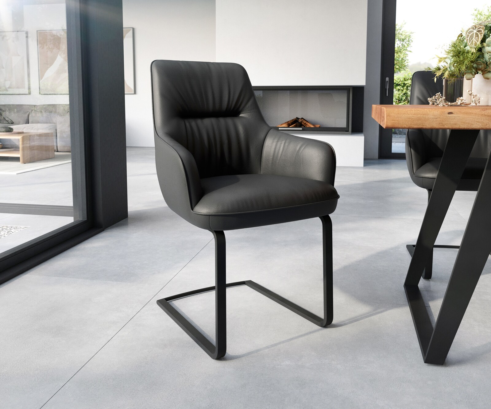 Sledemodel Zelia-Flex met armleuning echt leer zwart sledemodel vlak zwart pocketveer kern