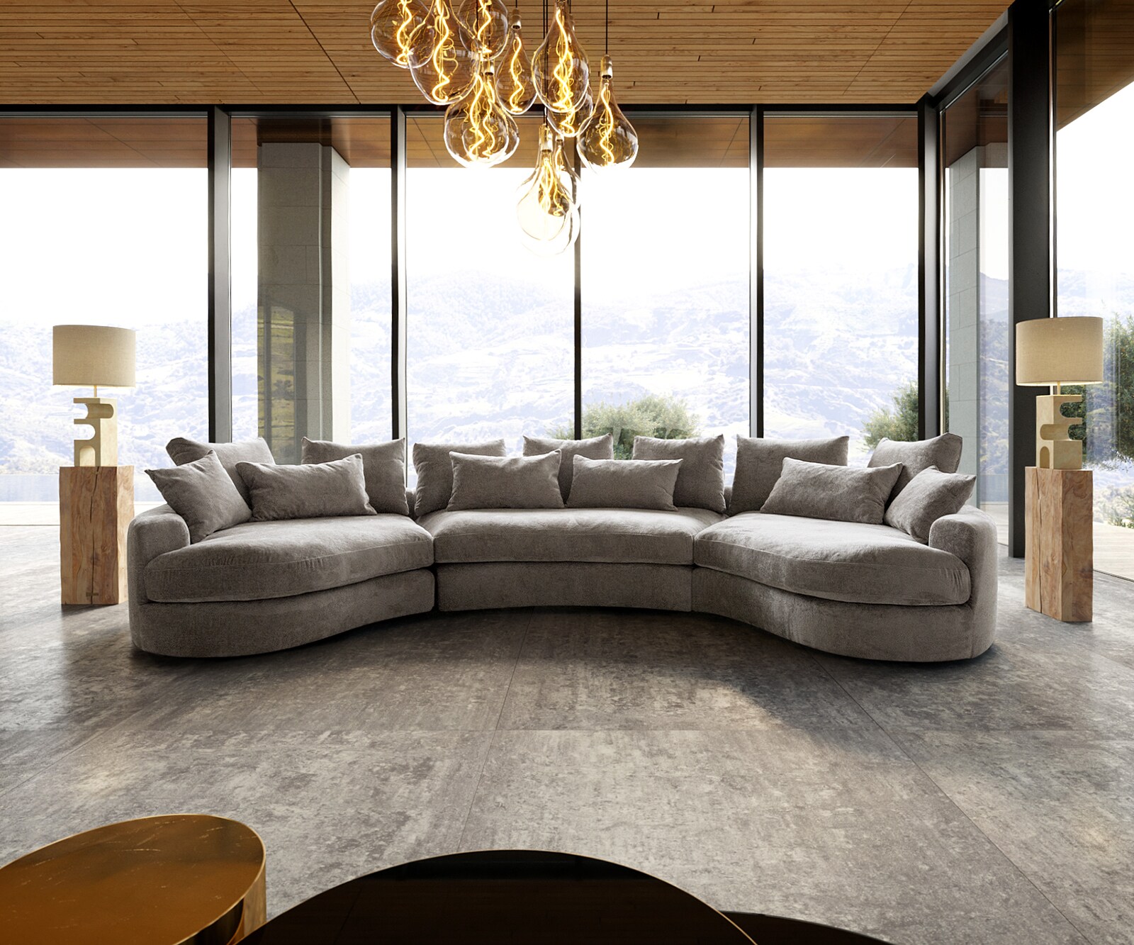 Mega-sofa Estrea 410x155 cm geweven stof taupe ronde bank 1