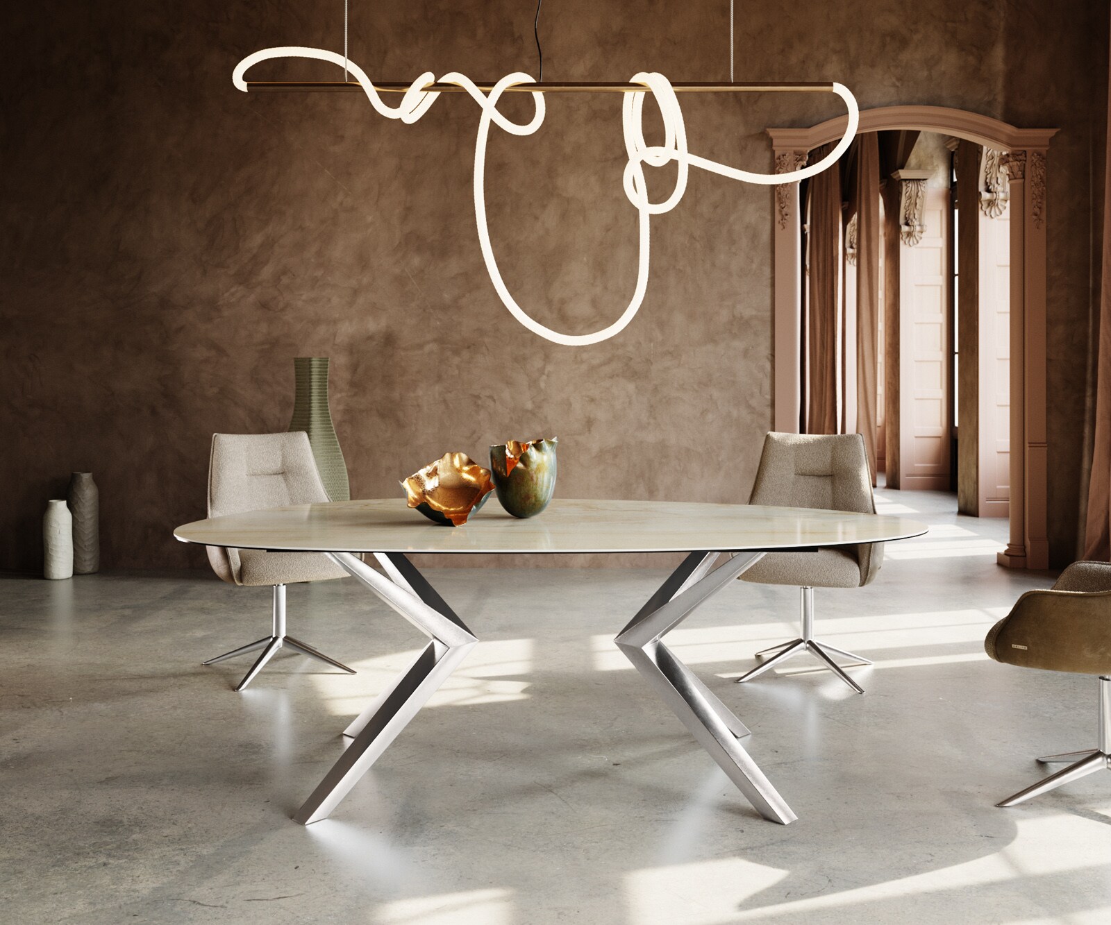 Eetkamertafel Edge ovaal 220x120 keramiek Iris FMG Onice Oro Lucidato natuur​ Zenthara hoekig roestvrij staal 1