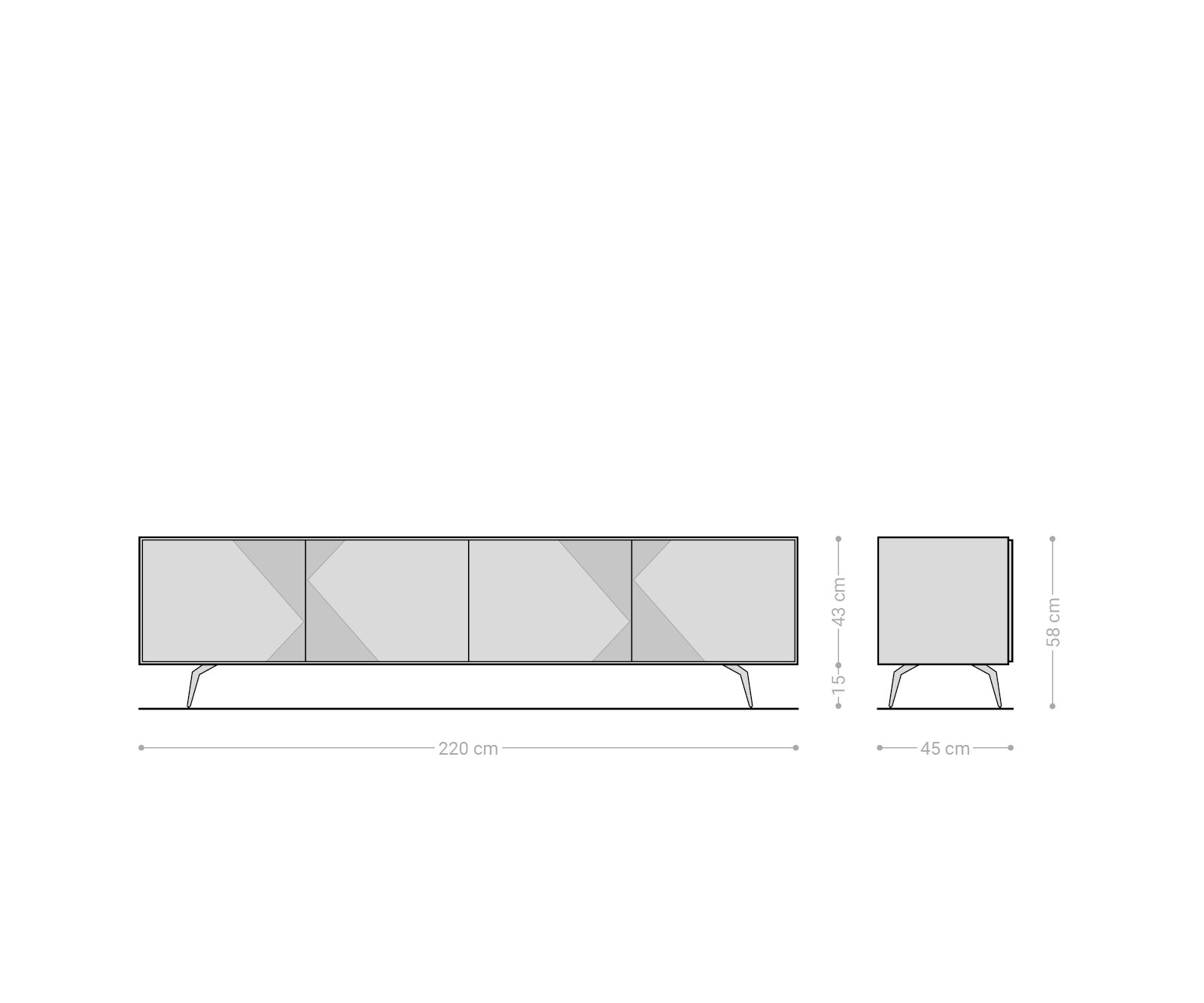 TV-meubel Tereos 220 cm essenhout donkerbruin 3D-effect 4 deuren hoekpoot metaal zwart 6
