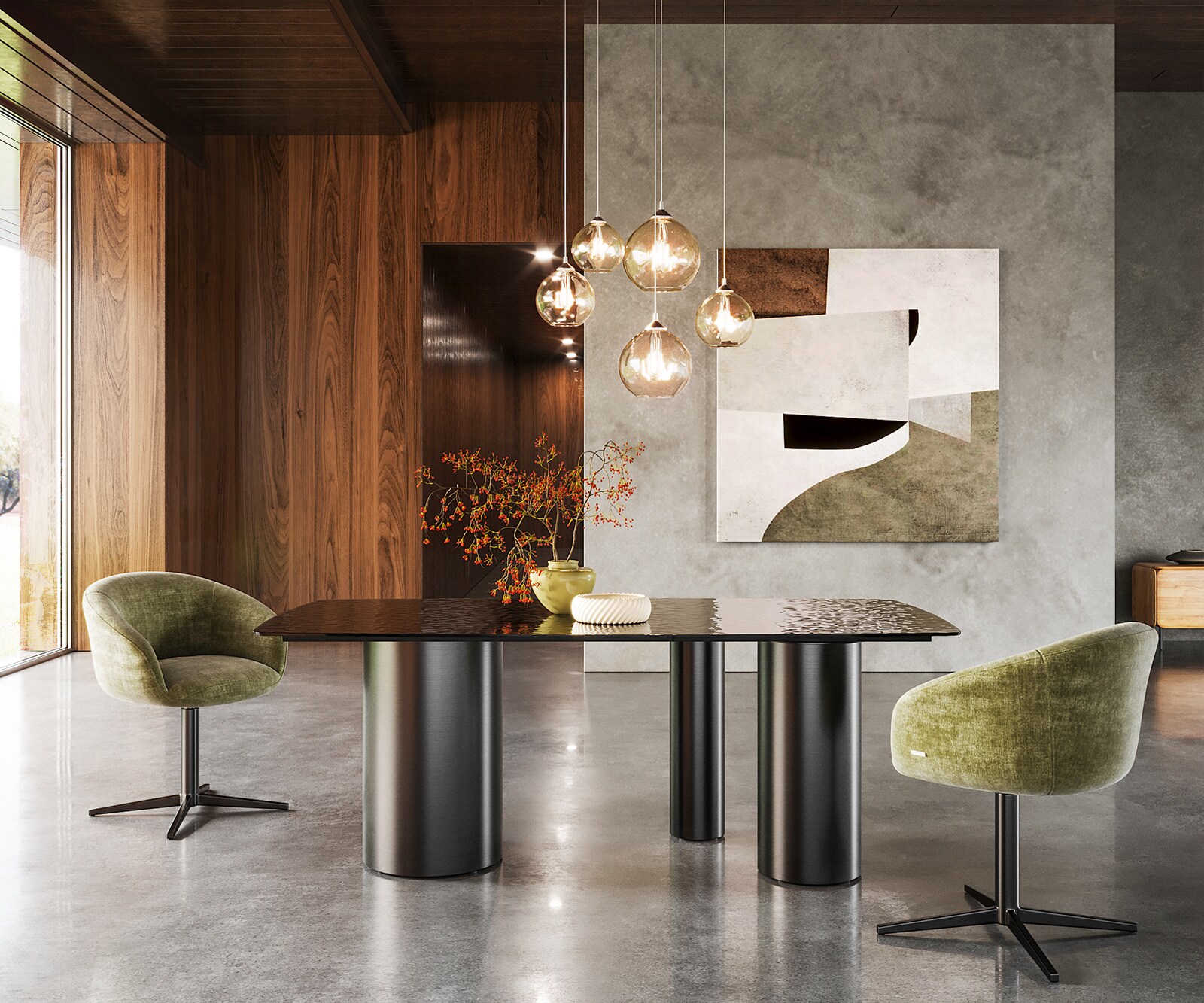 Eettafel Edge Boot 200x100 Reliefglas zwart 3D-Design Troa RVS grafiet 1
