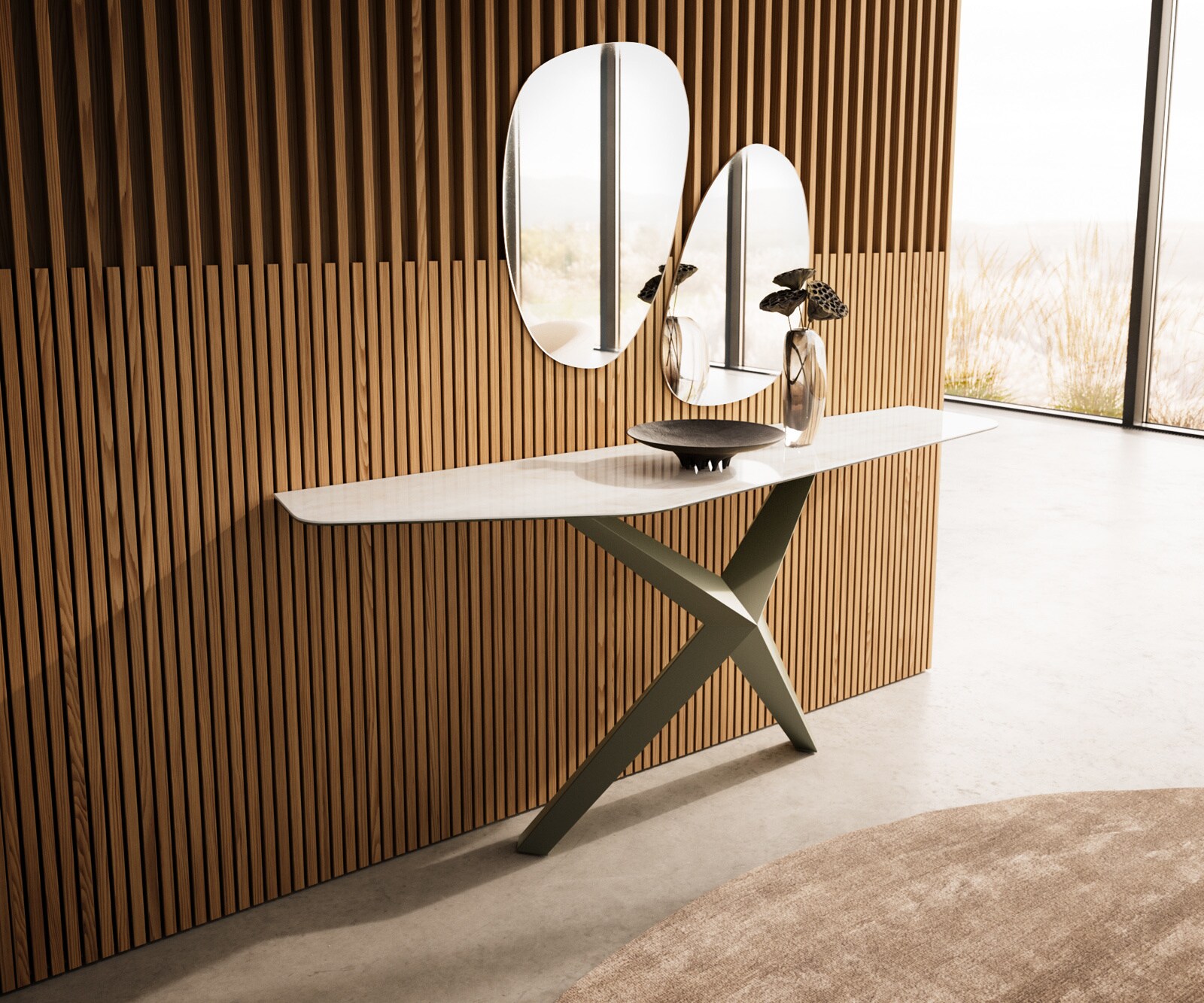 Consoletafel Edge Polygonaal 180x50 cm Keramiek Onyx Champagne Zentharo Metaal Effektfinish Titan 4