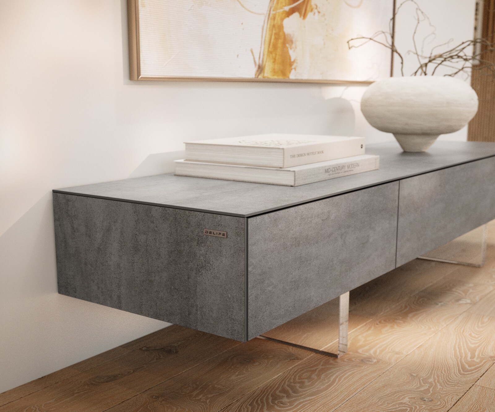 Tv-meubel Cuor 150 cm Keramiek Beton Grijs 1 Flap 1 Laden Zwevende voet look Acrylglas 6