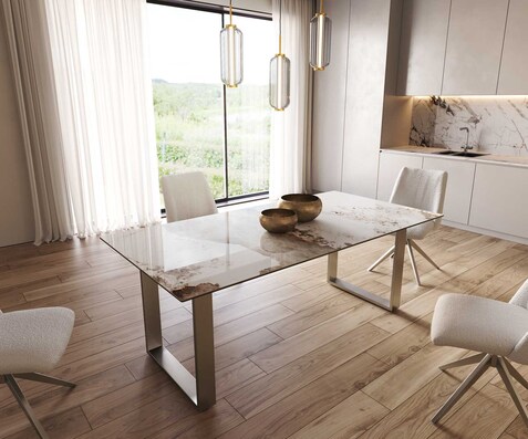 Eetkamertafel Edge 200x100 keramiek Minas Melange wit-beige RVS Schmal