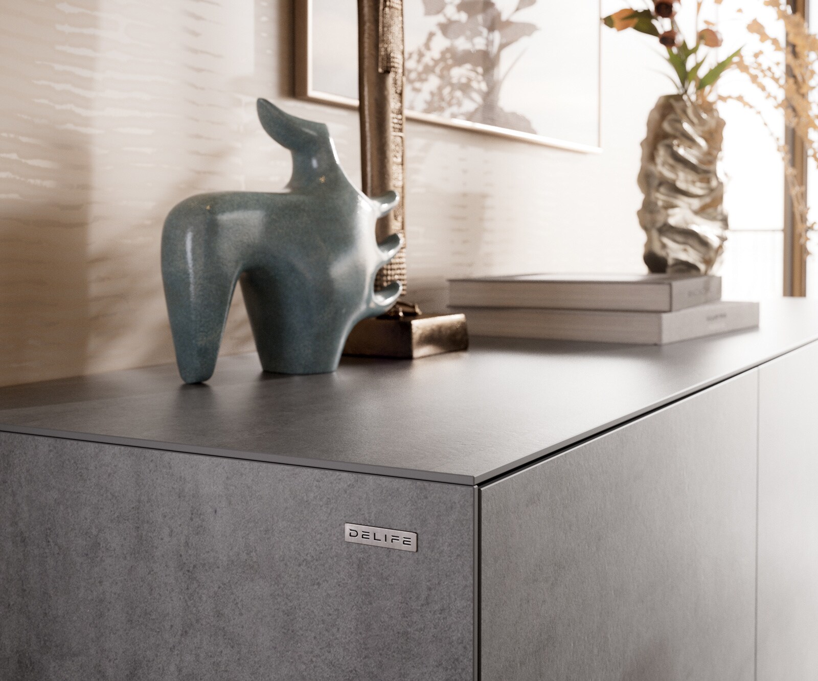 Dressoir Cuor 180 cm Keramiek Beton Grijs 2 Deuren 3 Laden Zwevende voet look Metaal Zwart 5