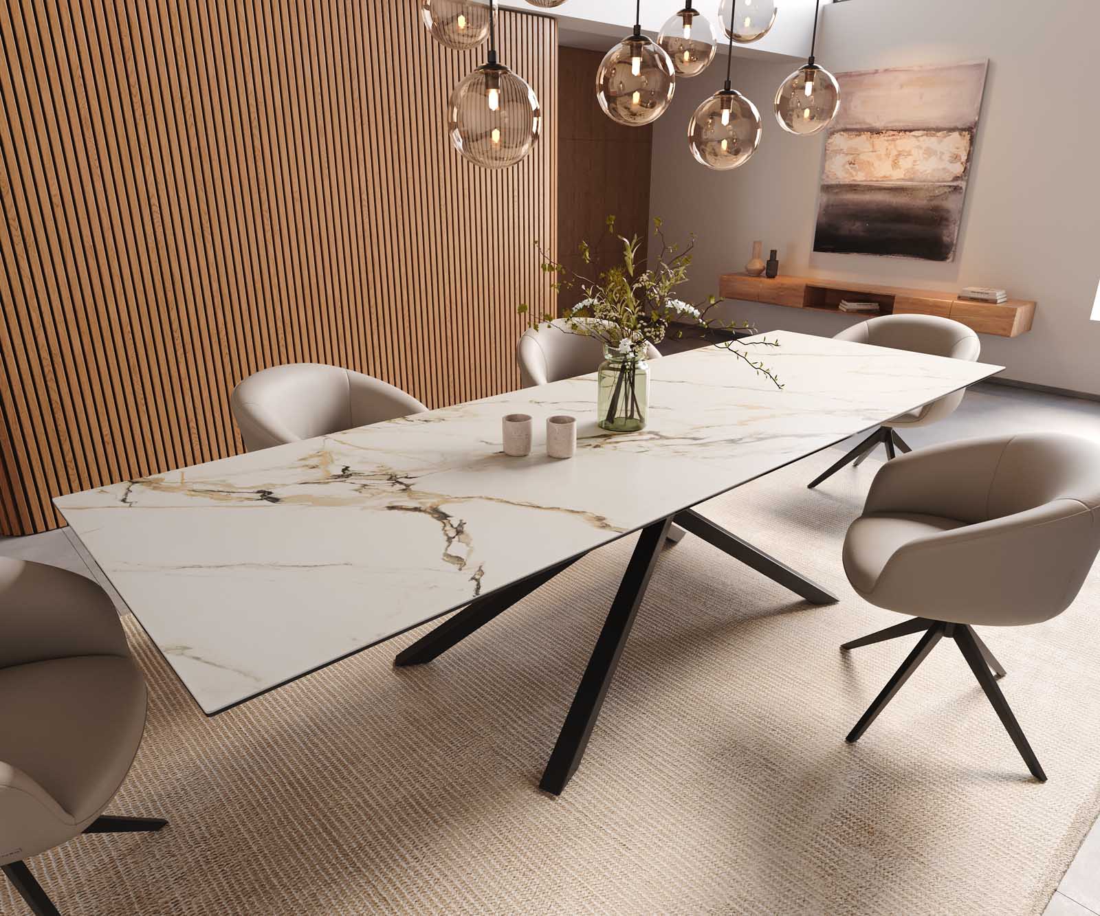 Eetkamertafel Edge 300x100 keramiek Calacatta Luxe wit-goud-grijs kruisframe rechthoek zwart 1