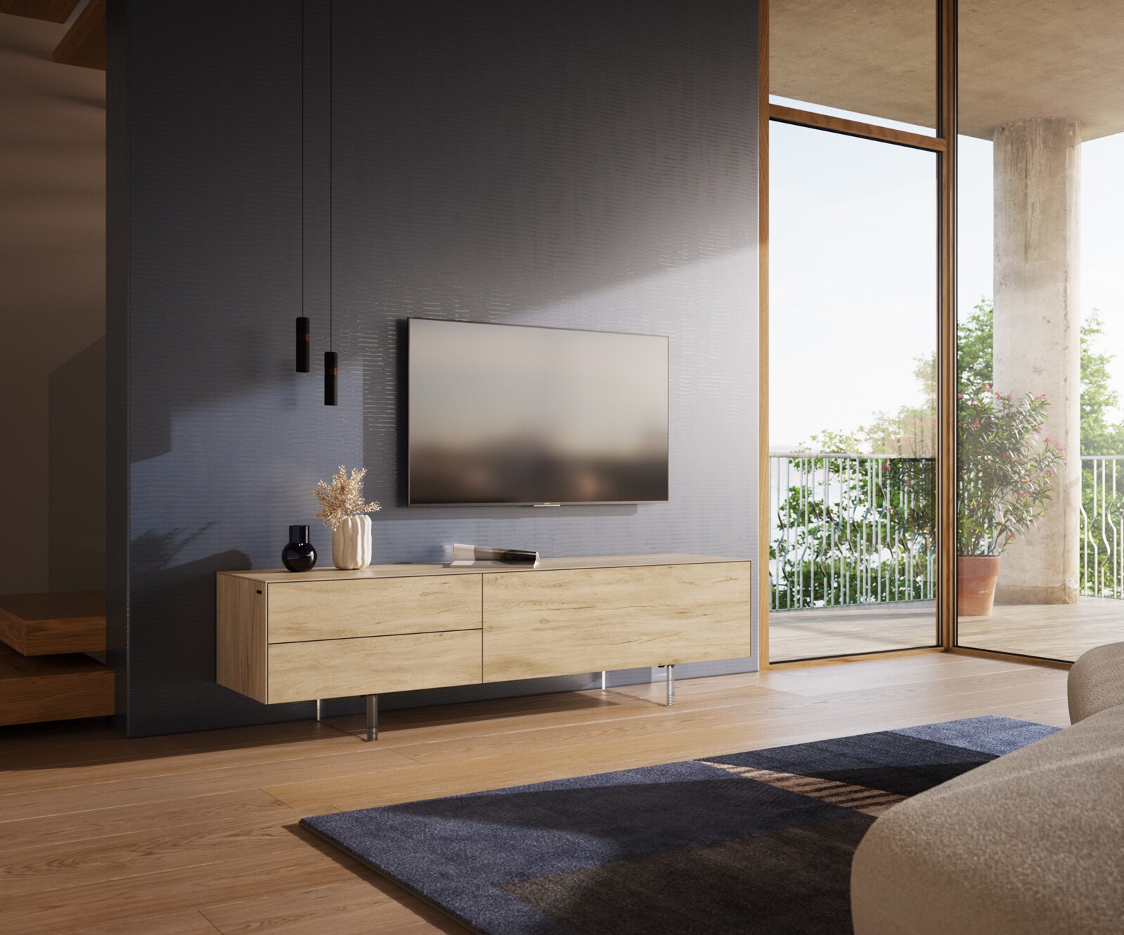 Tv-meubel Cuor 180 cm Keramiek Laminam® Sabbia Eiken gekleurd 1 Flap 2 Laden Zwevende voet look Acrylglas
