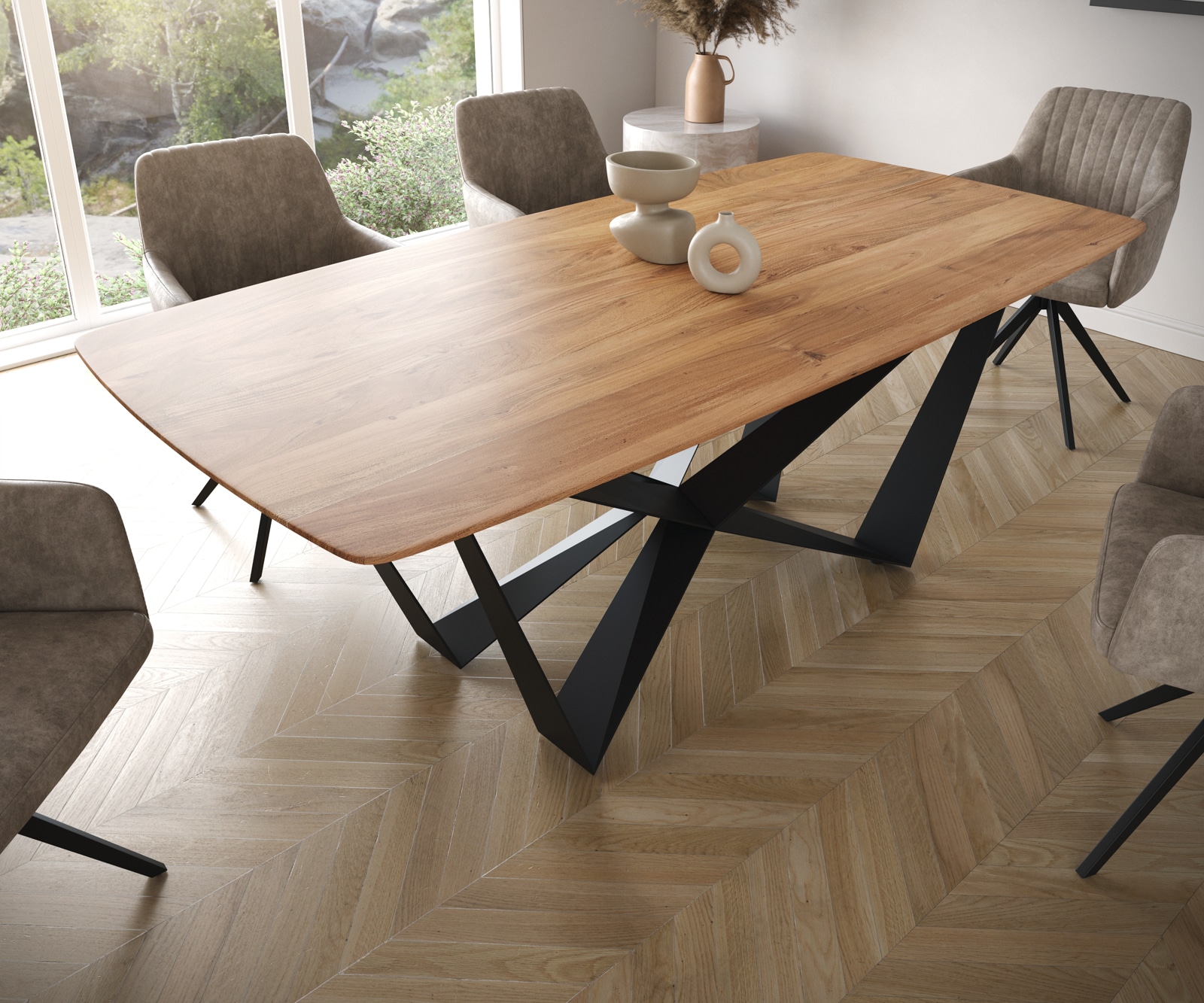Eettafel Edge Boot 200x100 acacia natuur Spider staal  zwart  Schweizer Kante 4