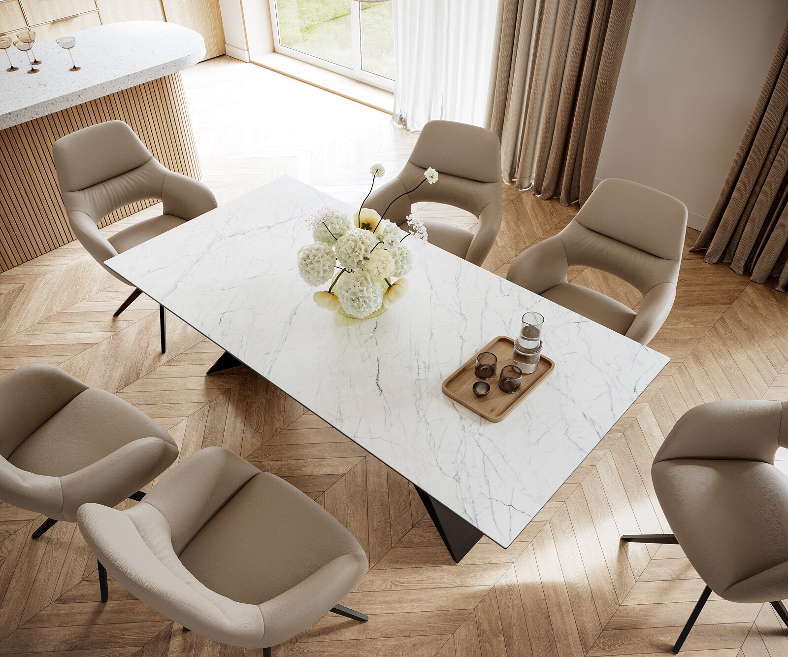 Eettafel Edge 200x100cm Laminam® keramiek wit V-middenpoot zwart 3